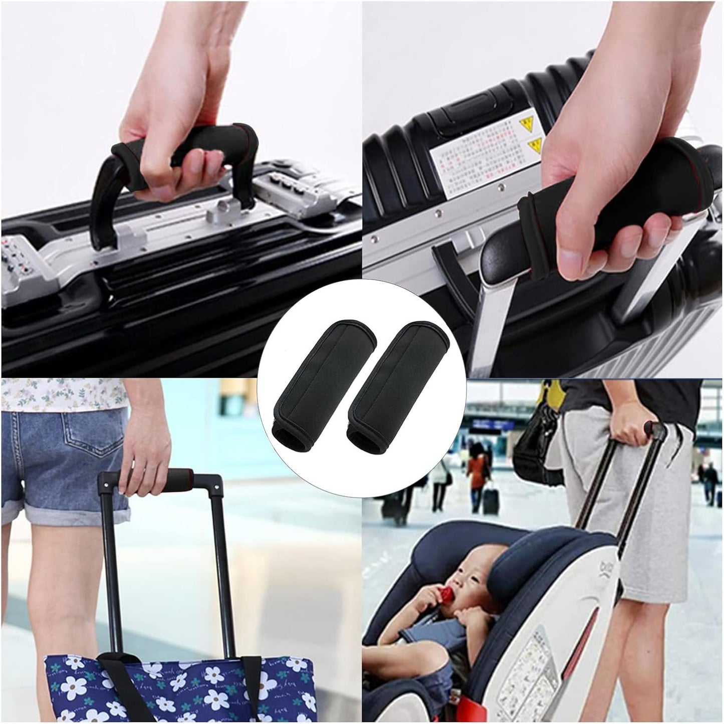 Luggage Handle Wraps, Soft Travel Bag Handle Cover, Padded Handle Grip, Suitcase Tags Identifiers for Travel Accessories, Black, 2Pcs