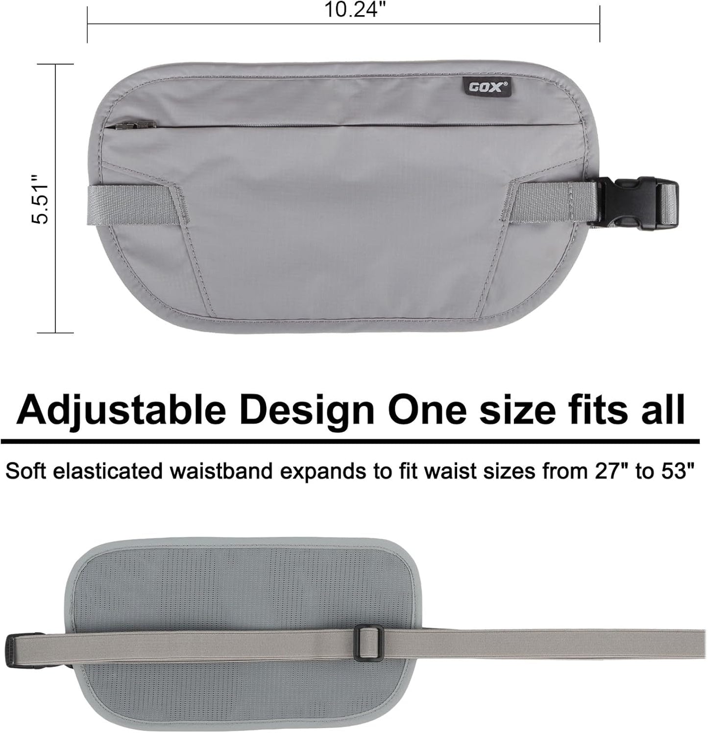 RFID Blocking Money Belt - Slim Under Cloth Passport Holder & Travel Wallet | Secure Hidden Fanny Pack for Men Women (Grey-L)