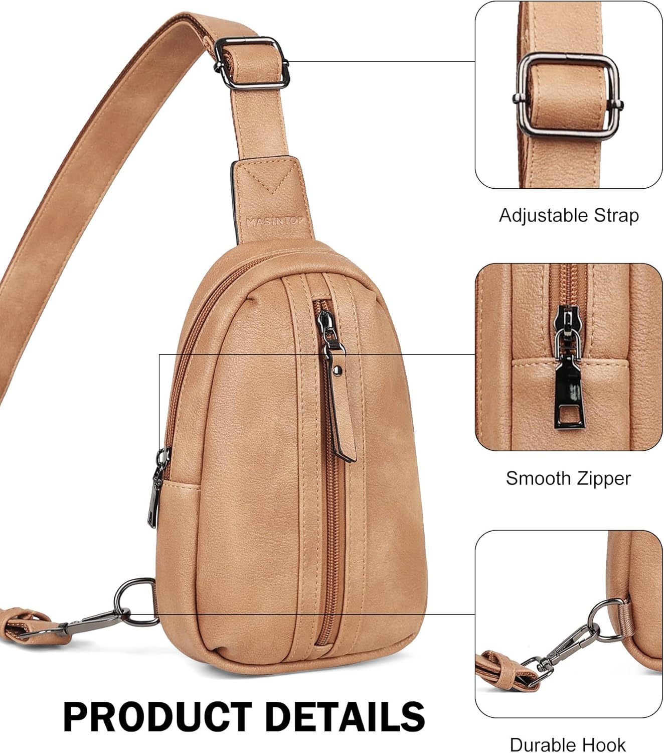MASINTOR Small Sling Bag for Women and Men - Vegan Leather Crossbody Fanny Pack with Multiple Compartments for Everyday Use Camel Brown