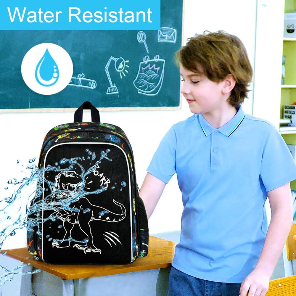 3Pcs Glow in The Dark Dinosaur Backpack for Boys, 17 Inches Dino School Bookbag Set for Teens, Laptop Backpacks with Lunch Bag(Black)