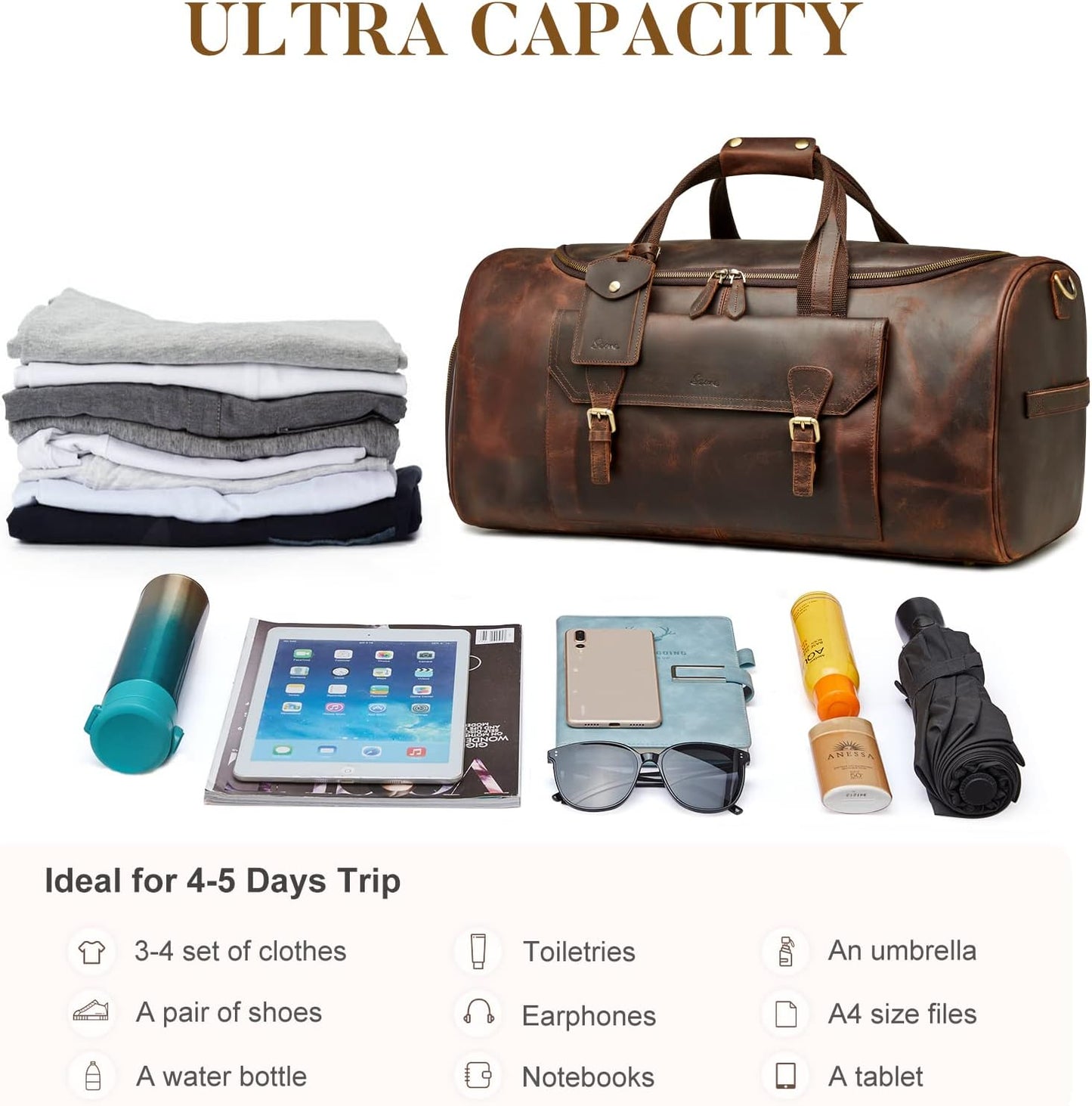 S-ZONE Genuine Leather Travel Duffle Bags for Men Women Carry On Garment Weekender Bags(Dark Brown)