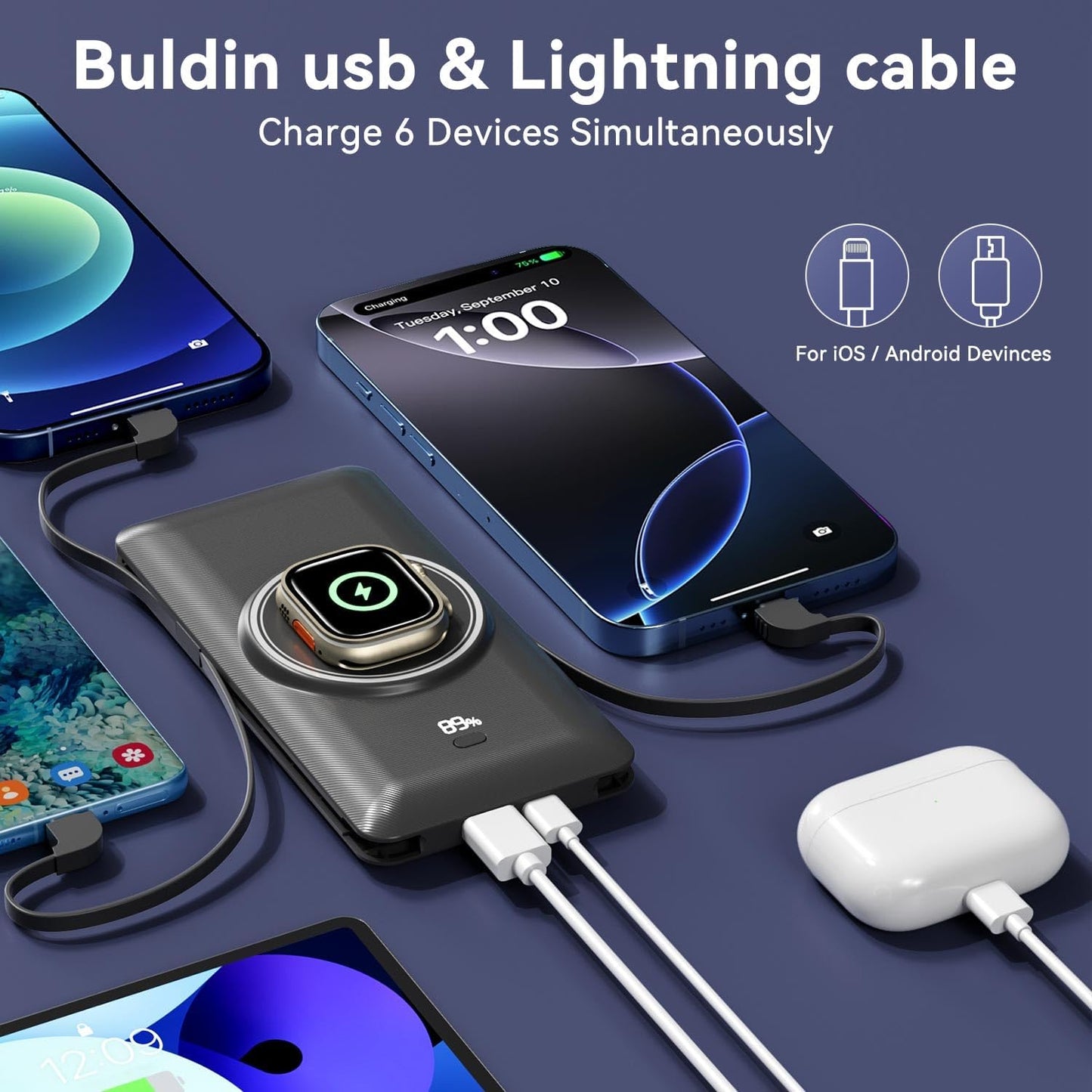 Magnetic 10000mAh Portable Charger for iWatch & iPhone, 22.5W USB C Fast Charging Wireless Power Bank Built-in Cables and Wall Plug, External Travel Battery Pack Compatible with iOS Android Devices