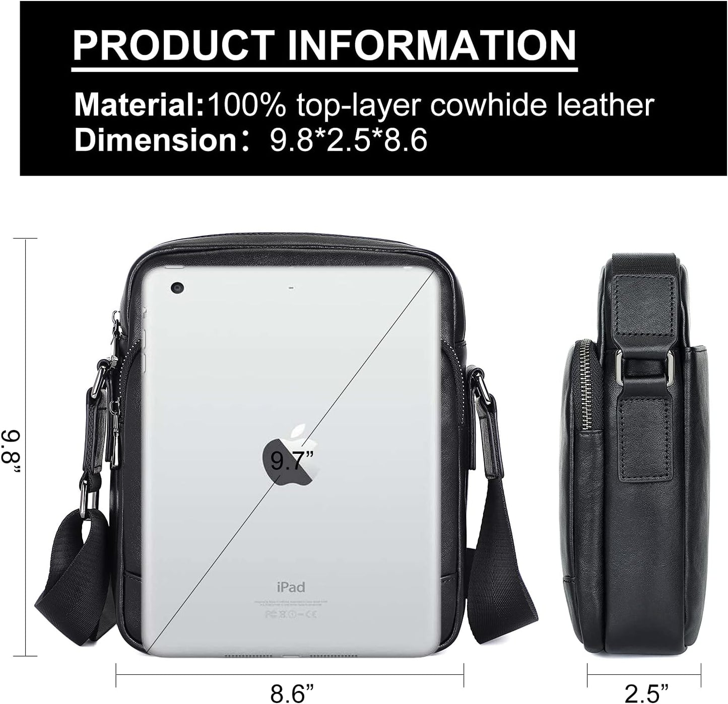 Augus Leather Messenger Crossbody Shoulder Bag for Men Work Business Casual Adjustable Straps (black-1)