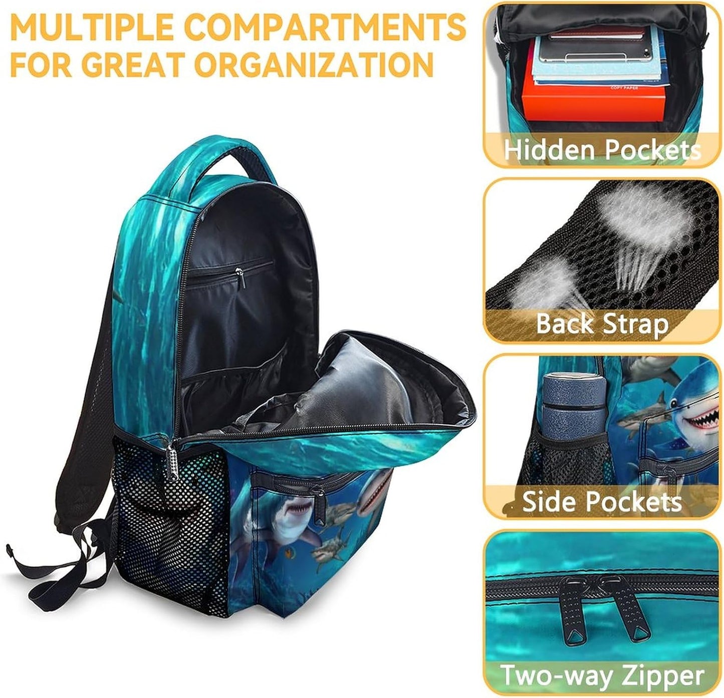 Shark Backpack with Lunch Box, Set of 3 School Backpacks Matching Combo, Cute Blue Bookbag and Pencil Case Bundle