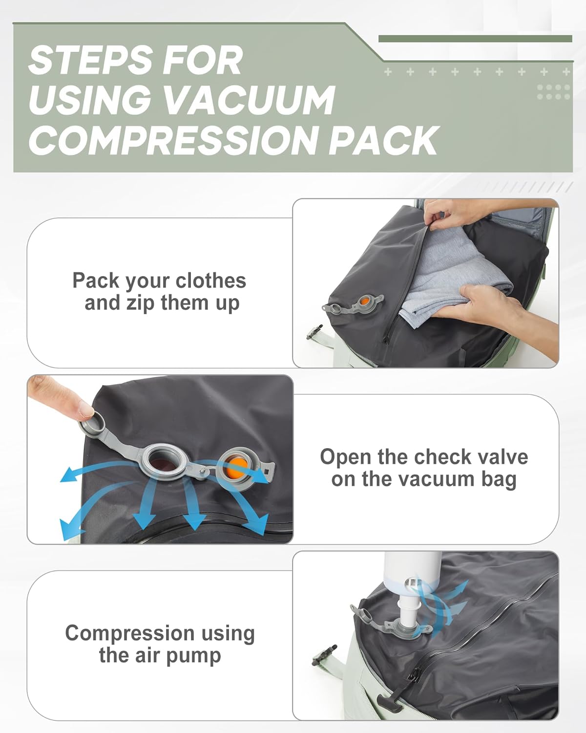 Vacuum Backpack Travel with Electric Vacpack Pump, Vacuum Compression Bags Travel Backpack for Women Men, Flight Approved Waterproof Carry on Backpacks Laptop Weekender Daypack, Large, Light Green