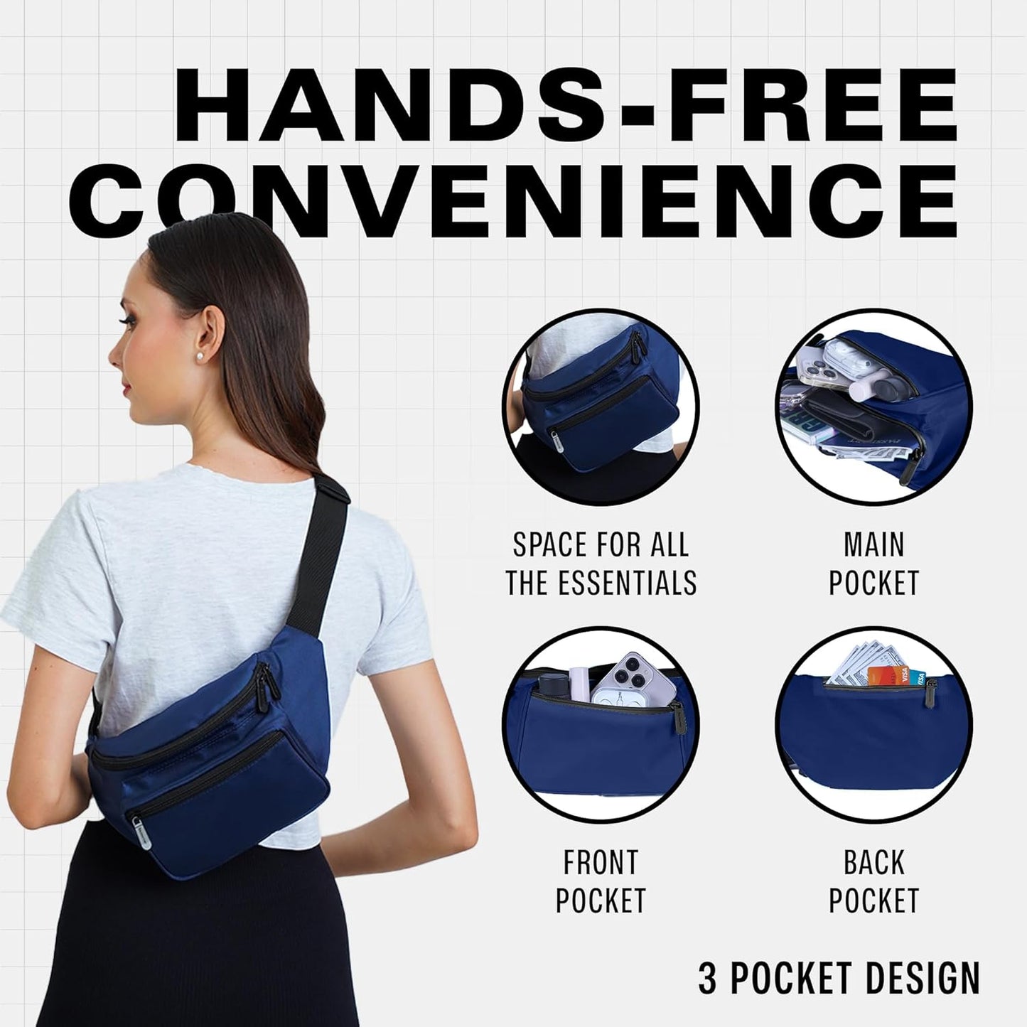 Dark Blue Fanny Pack Belt bag - Crossbody Waist Bag for Men or Women - Hands-Free, Waterproof Large Bumbag for Hiking, Running, and Travel