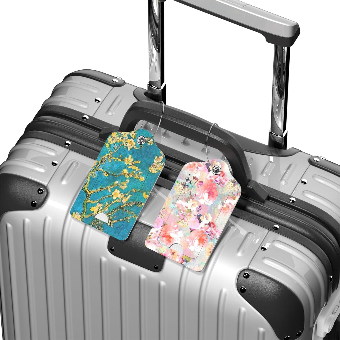 2 Pack PU Leather Luggage Tags for Suitcase, Travel Cruise Luggage Tag with Privacy Flap, Name ID Label and Metal Loop for Women Men Baggage Handbag School Bag Backpack, Watercolor Flowers