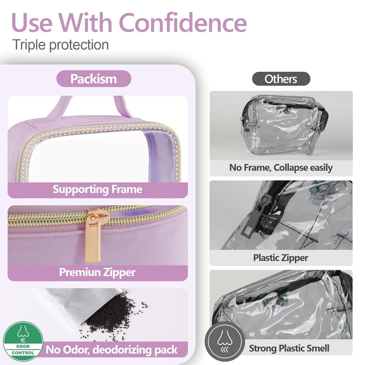 PACKISM Clear Makeup Bag - 2 Pack TSA Approved Toiletry Bag with Handle and 180° Large Opening