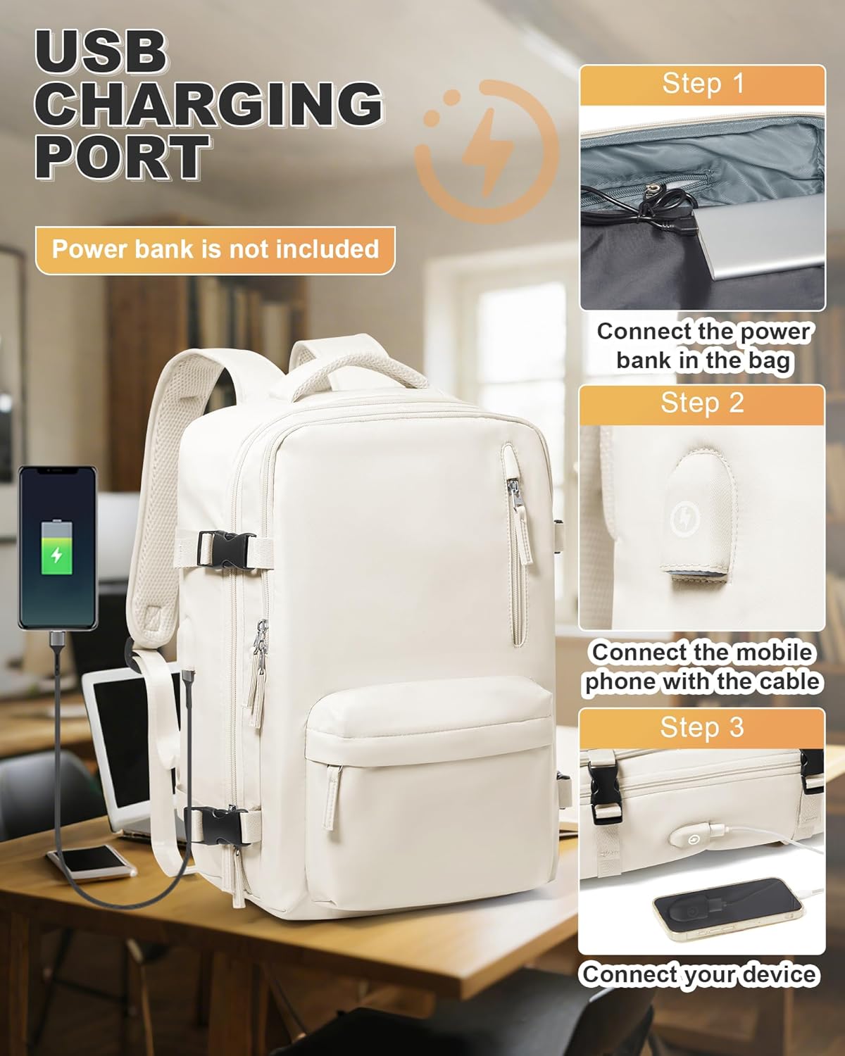 VGCUB Small Travel Vacpack Backpack with Vacuum System Carry on Storage Compression Personal Item Bags with Electric Pump Work Business College Waterproof Backpack for Women Men Beige