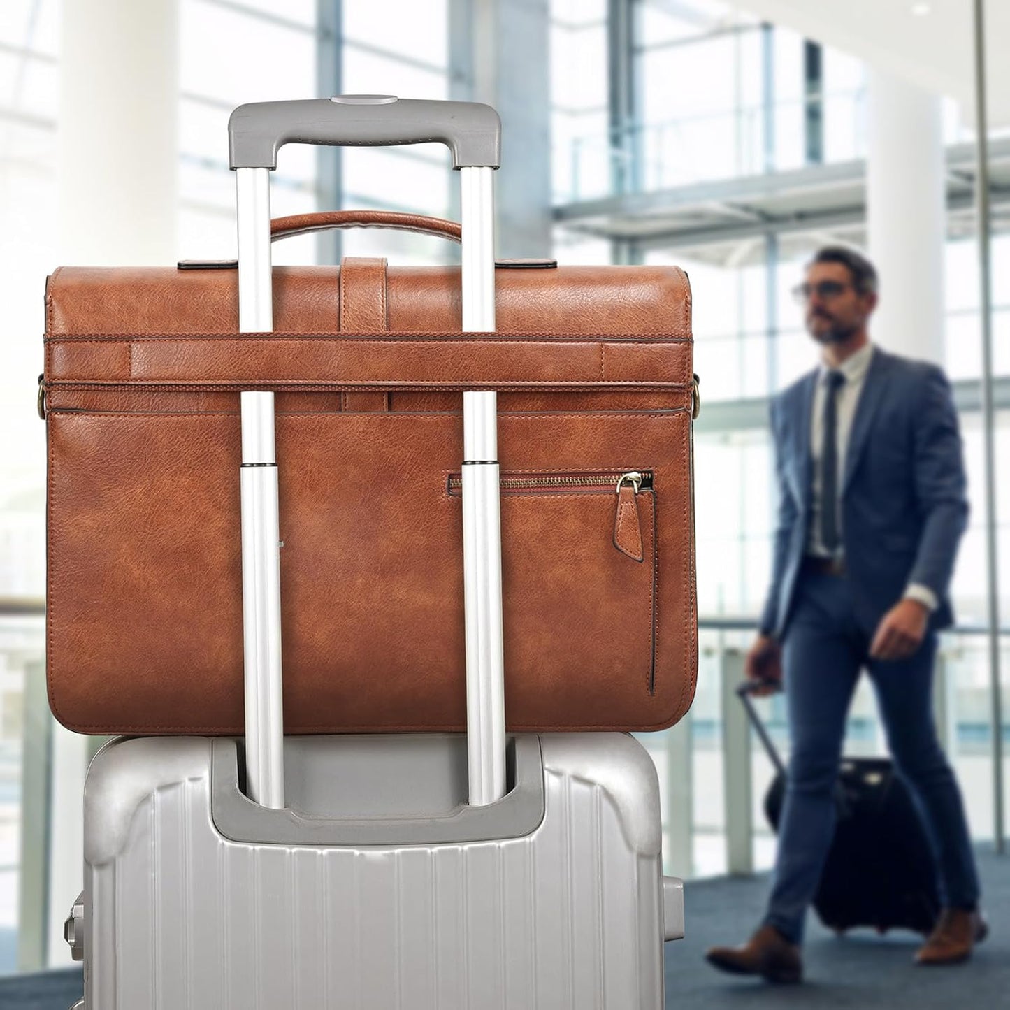ESTARER Men's Leather Briefcase 15.6 Inch Laptop Messenger Bag for Business/Travel/Office, Professional Faux Leather Computer Satchel Shoulder Bag, Classic Brown