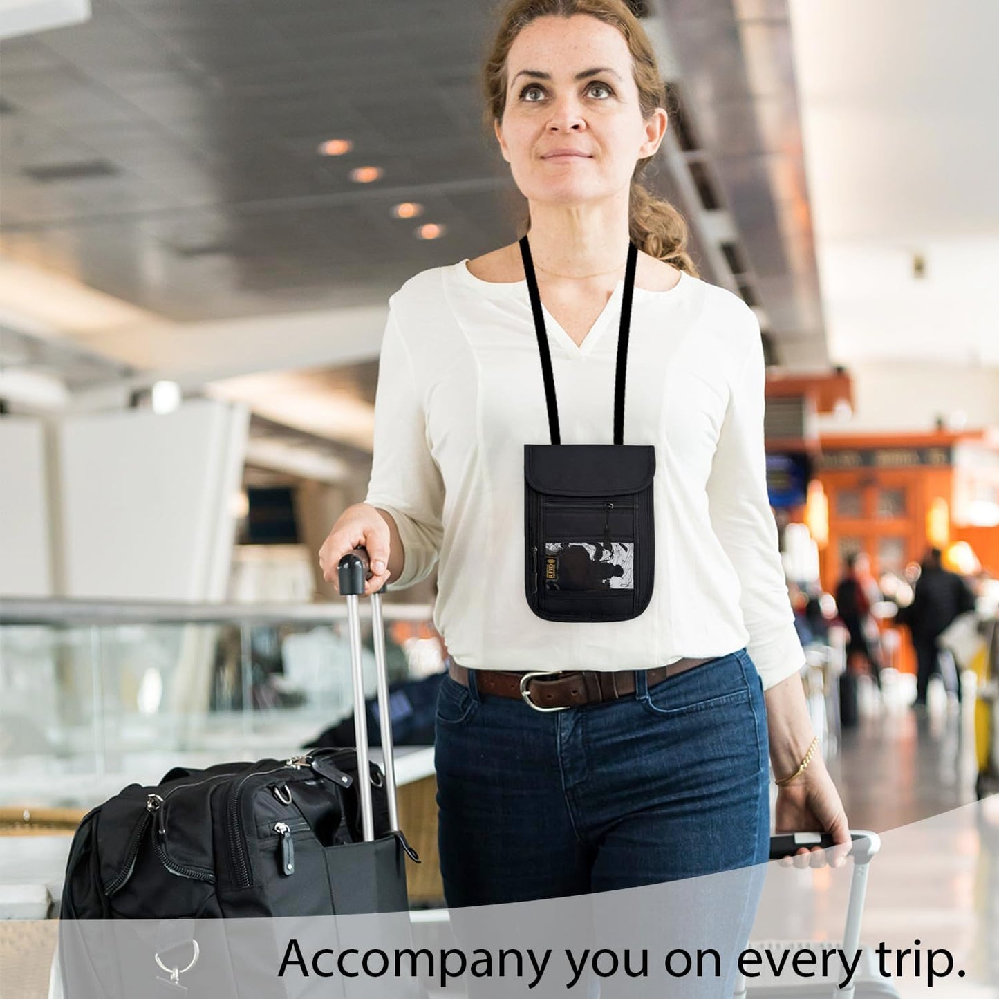 RFID Blocking Travel Neck Wallet Pouch and Passport Holder, Travel Neck Pouch Passport Holder for Women & Men - Black