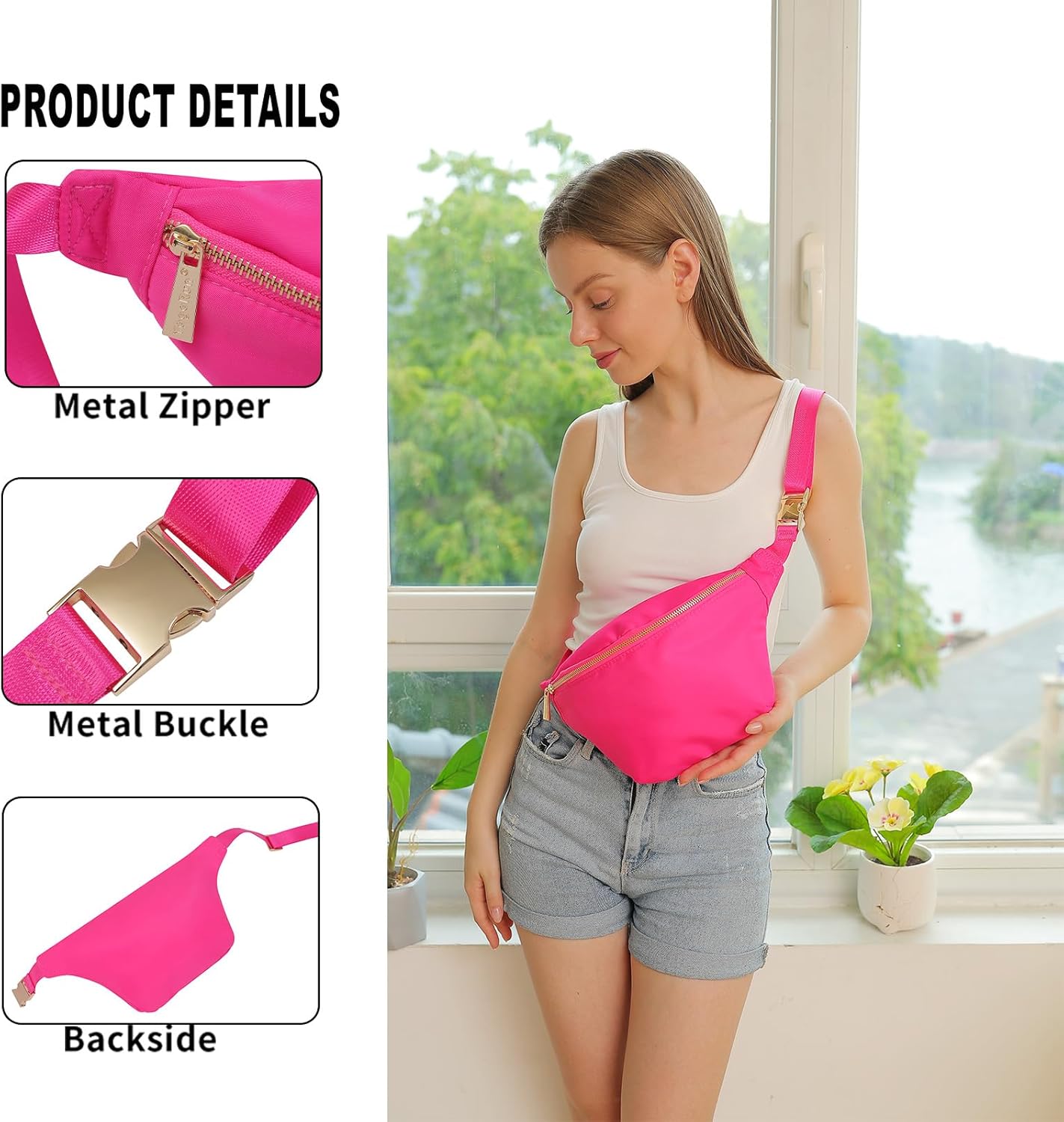 Waist Fanny Pack Women Belt Bag Nylon Travel Crossbody Sling Bag (HotPink)