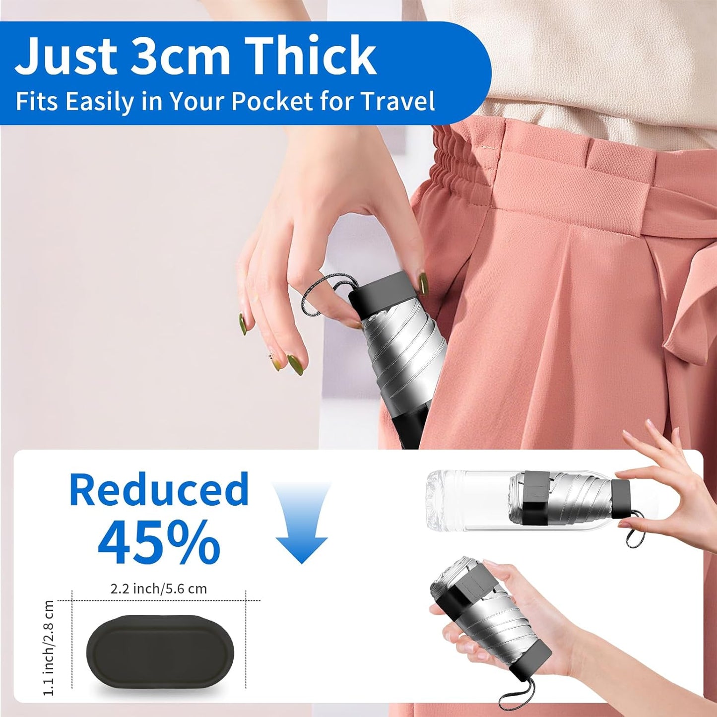 Compact Mini Windproof Travel Umbrella-UPF 50+ Sun & Rain Protection, Small Folding Design Fits in Pocket or Purse, Lightweight Portable with Case for Women, Men & Kids