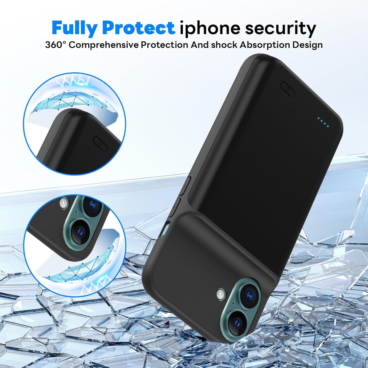 Battery Case for iPhone 16 (6.1 inch) Charging Case Ultra-Slim 7000mAh Rechargeable Portable Extended Charger Case Cover w/Tempered-Glass Protector-Black