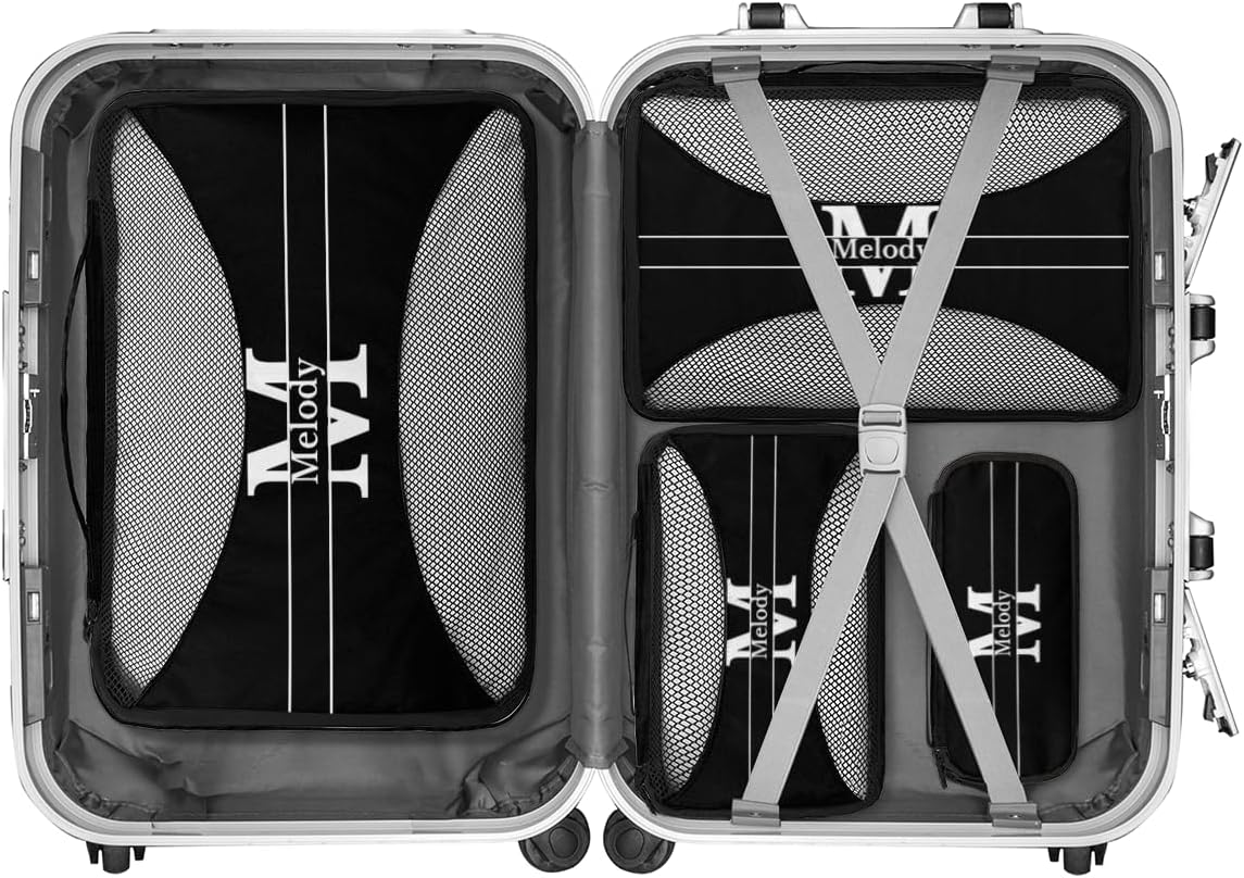 Personalized Packing Cubes, Set of 4 with Zipper Handles for Men Boys, Custom Name Travel Suitcases Luggage Packing Organizers, Solid Black with Initial Letter