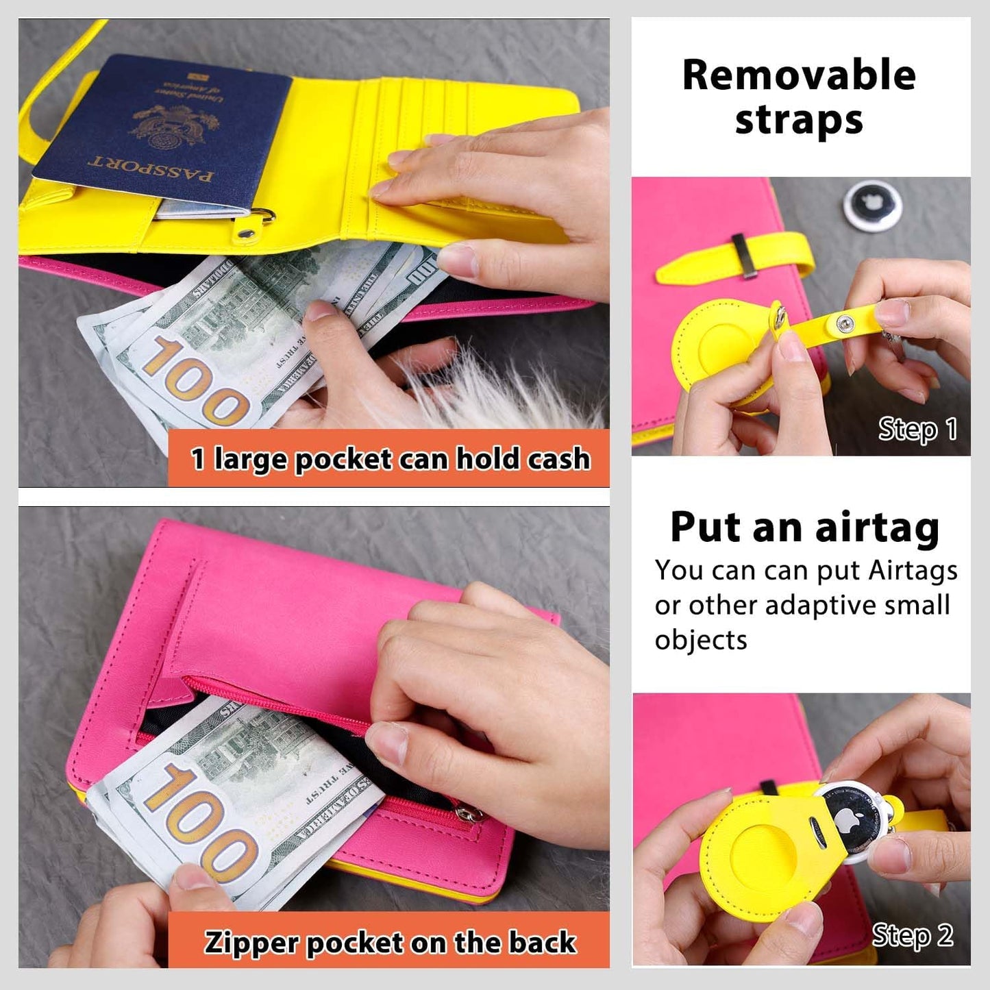 Deziliao Passport wallets, Mulit-purpose RFID Blocking Passport Holder AirTag Wallet, Travel Wallet(Pink)