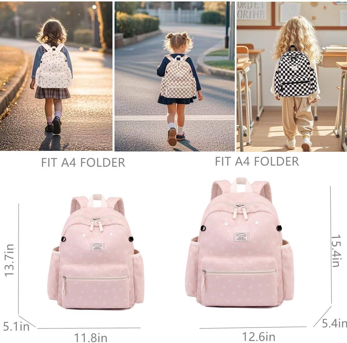 Corduroy Kids Backpack for Boys Girls Backpacks for Primary Elementary Kindergarten 6-10 (Dot Pink, Medium (15" H Fit A4 Folder))