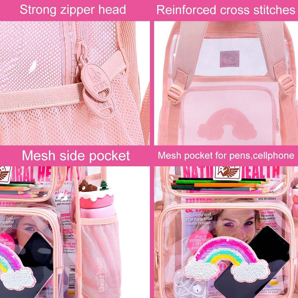 Clear Backpack for Girls and Boys, Kids Transparent Bookbag, 3PCS Cute See Through School Bag for Elementary Prechool
