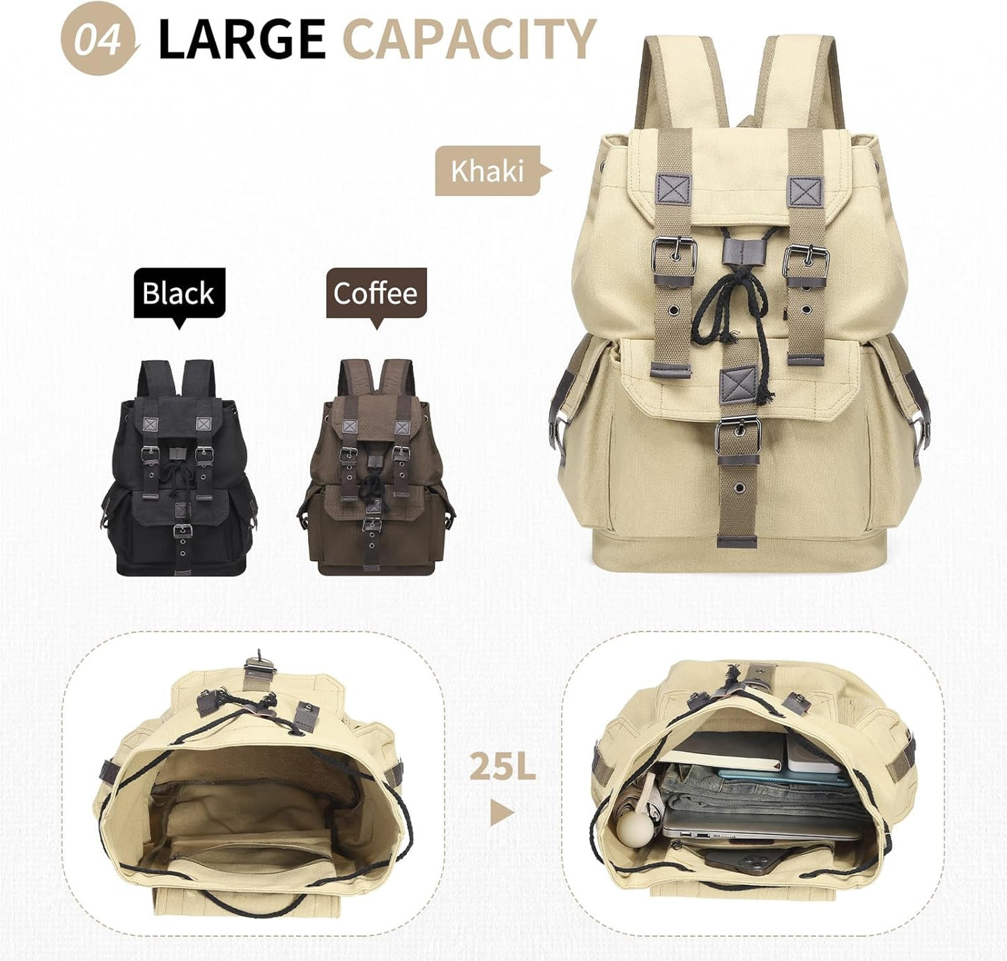 Vintage Canvas Backpack for Men Women, Durable Casual Daypack, Large Capacity Travel Rucksack Fits for Hiking and Daily Use (Khaki)