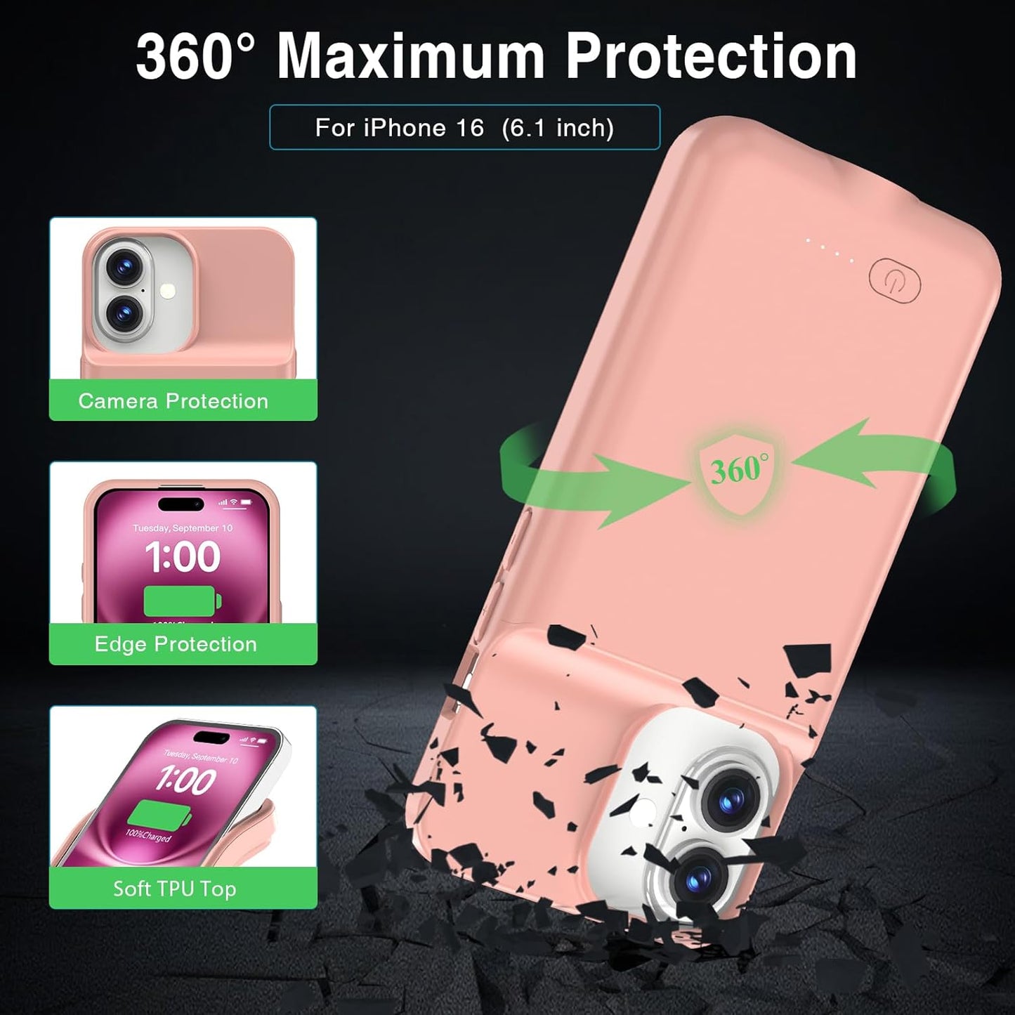 GIN FOXI Battery Case for iPhone 16/16e, Fast Charging Cases Charger 8500mAh Ultra-Slim Lightweight Rechargeable Battery Pack Anti-Fall TPU Powerful Juice Box for 16e/16 (6.1") Pink