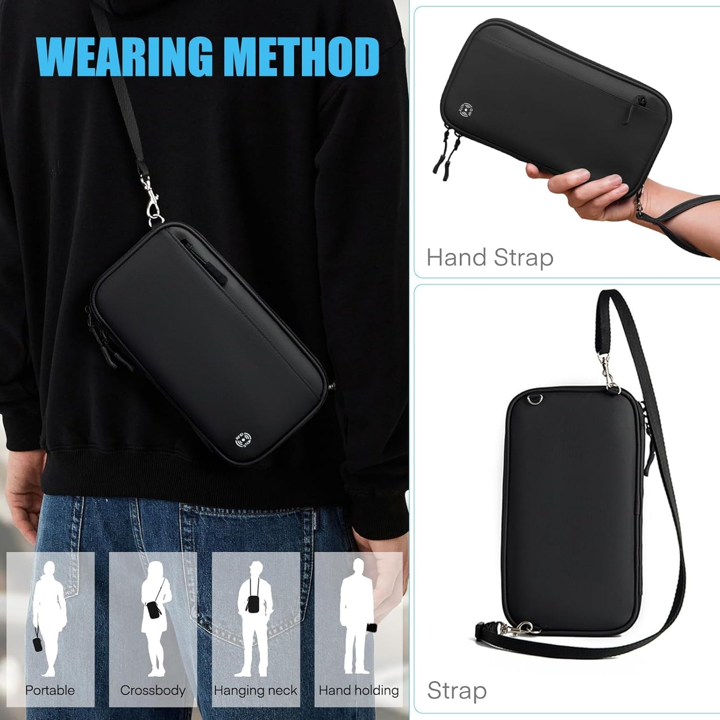 FYY RFID Passport Holder Family - Large RFID Blocking Travel Document Organizer for Family Men Women, Waterproof Portable Travel Essentials Passport Wallet Credit Cards Case with Zipper Pocket, Black