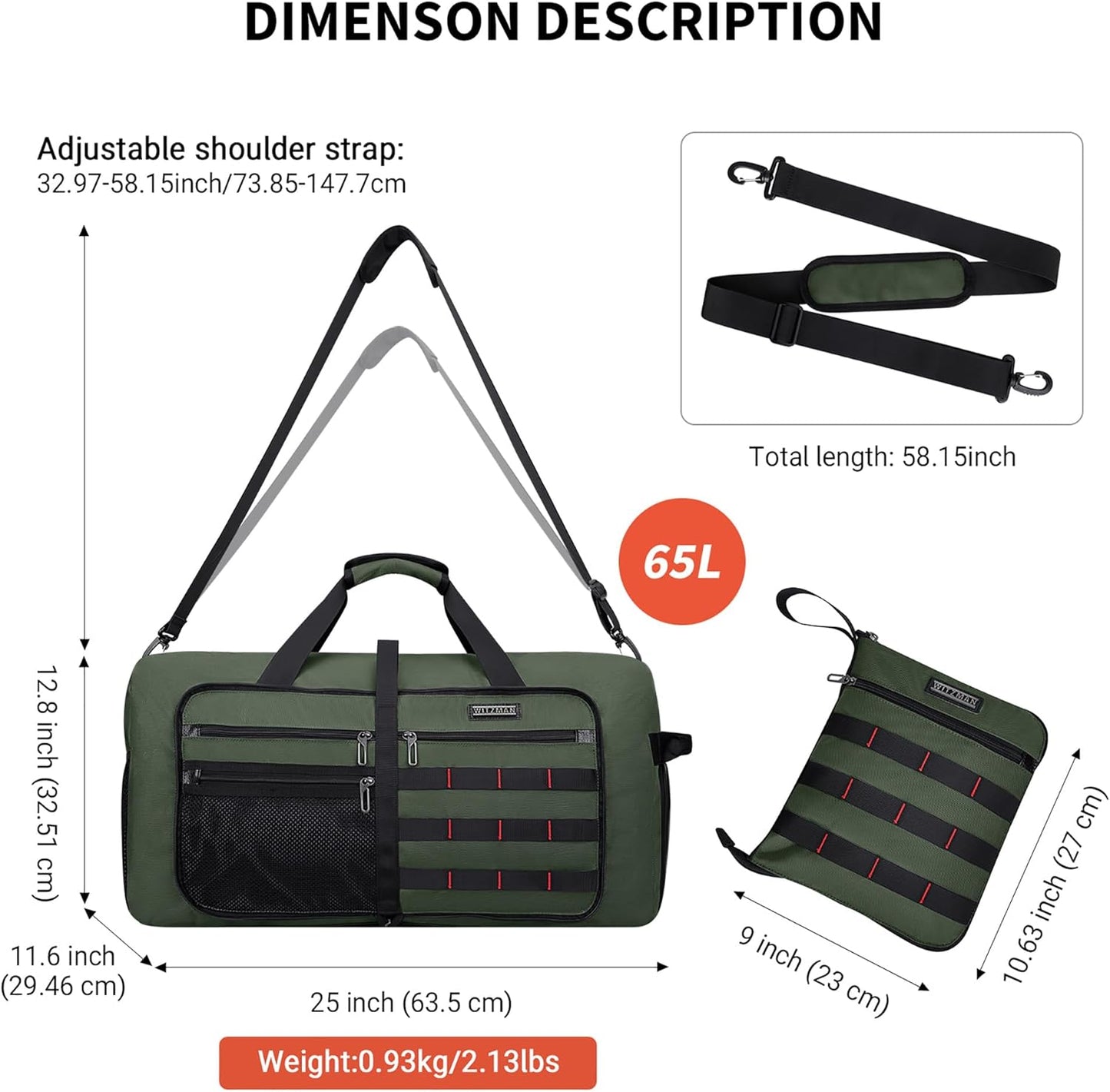 WITZMAN Foldable Duffle Bag for Travel 65L Lightweight Packable Duffel Bag with Shoes Compartment Overnight Bag for Men Women (B697 Army Green)