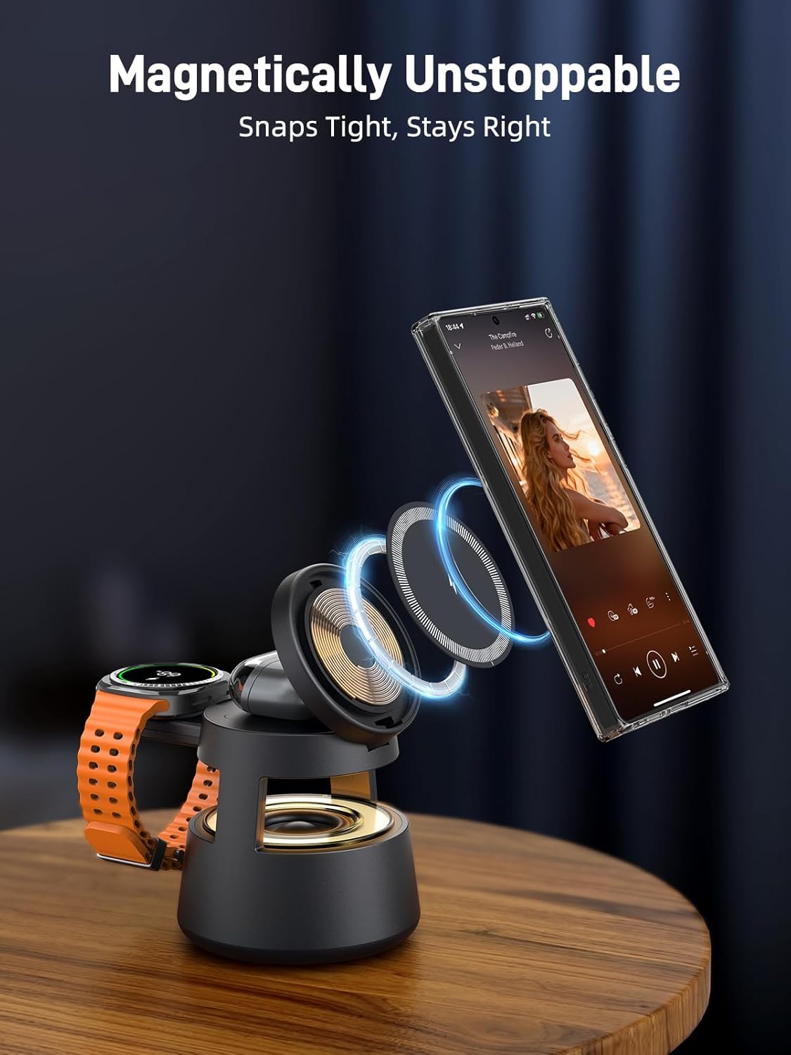 Wireless Charger for Samsung, 3 in 1 Magnetic Charging Station for Samsung Galaxy S25 Ultra/Z Fold7/Flip, Watch 8/Ultra/7/6/5, Galaxy Buds 3 Pro, with Bluetooth Speaker and Night Light (Gift Ideal)