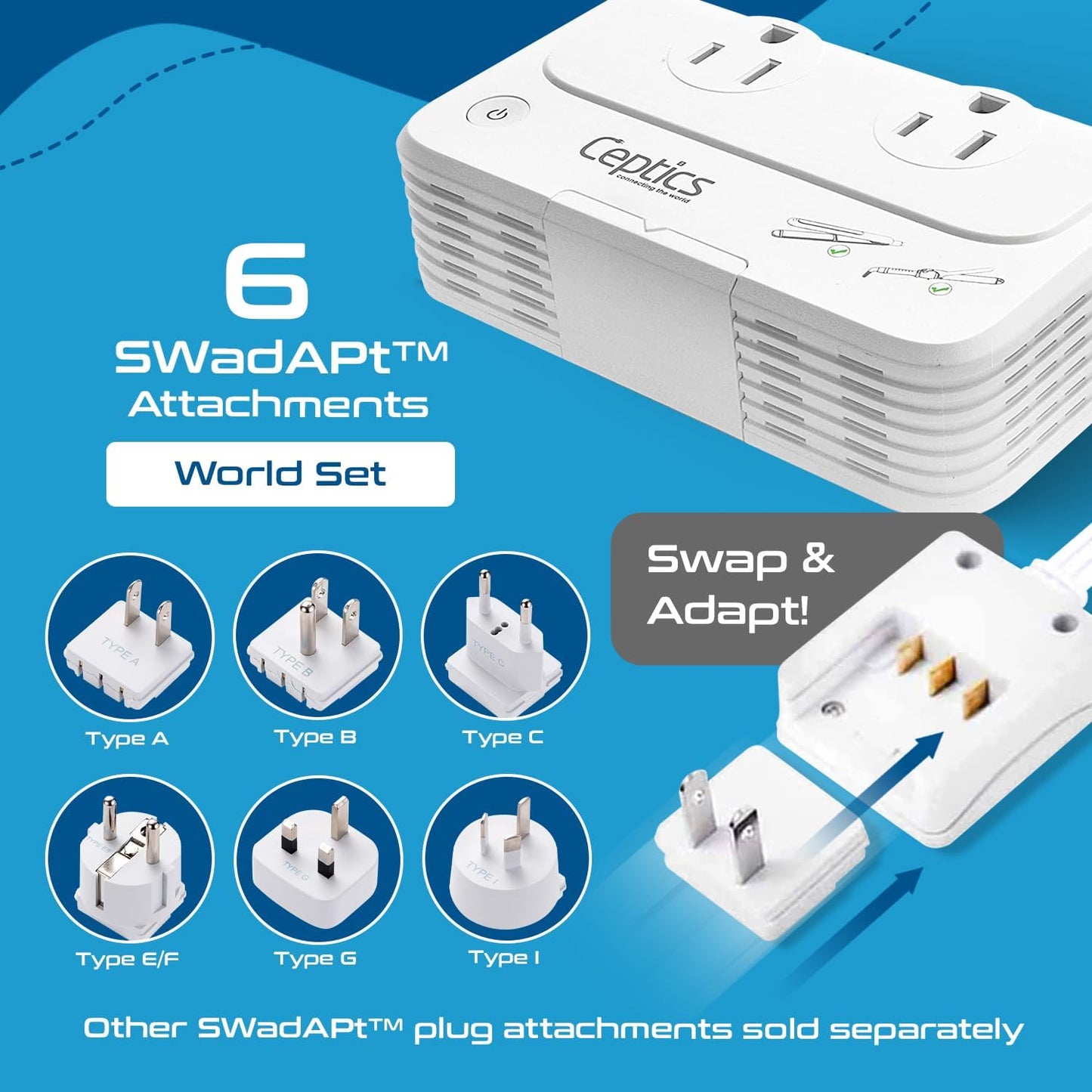 Ceptics Travel Voltage Converter -200W Convert 220V to 110V for Curling Iron, Straightener, Charger Step Down World Power Plug - 4 USB PD 18W Fast Charging - SWadApt - Type A, B, C, E/F, G, I Include