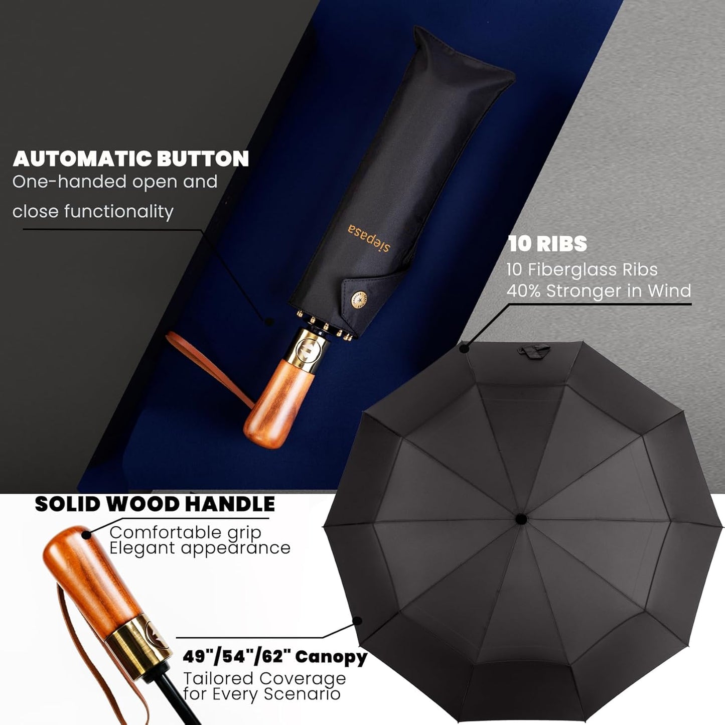 SIEPASA 49/54/62 Inch Windproof Golf Umbrella - Automatic Open/Close, Real Wood Handle - Large Folding Travel Umbrella for Wind, Rain & Sun Protection.