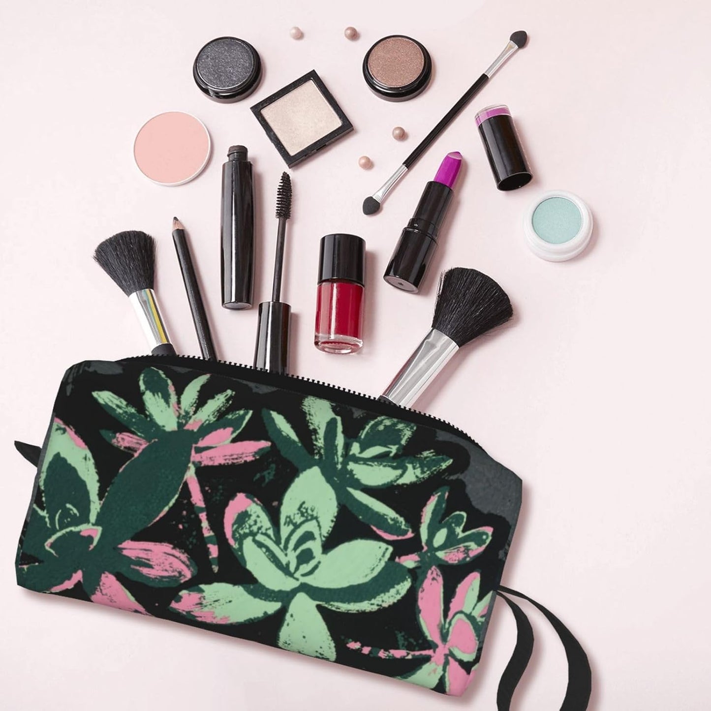 Green & Pink Succulents Makeup Bag Small Compact & Durable Travel Cosmetic Bag Organizer Oxford Fabric Impact-Resistant Multi-Purpose Storage Perfect for Travel, Gym, Daily Use