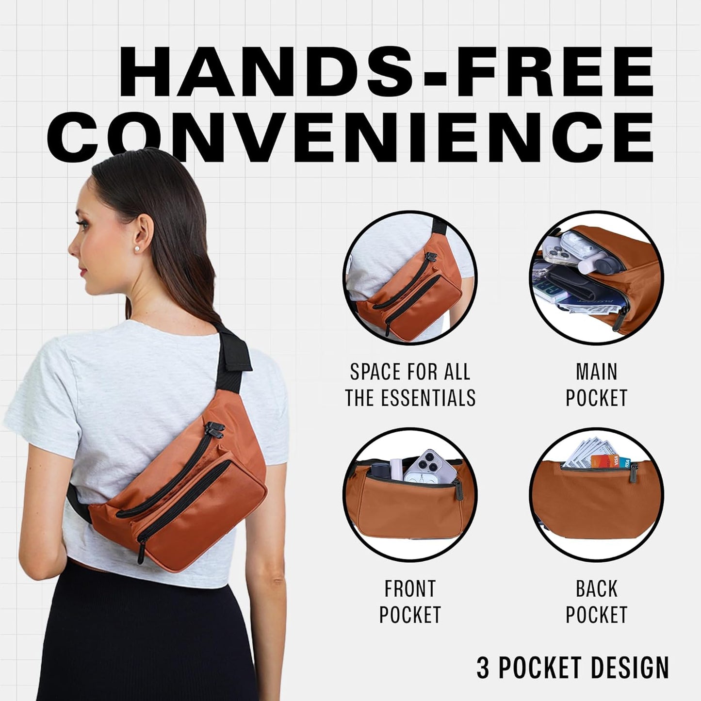 Brown Fanny Pack Belt bag - Crossbody Waist Bag for Men or Women - Hands-Free, Waterproof Large Bumbag for Hiking, Running, and Travel