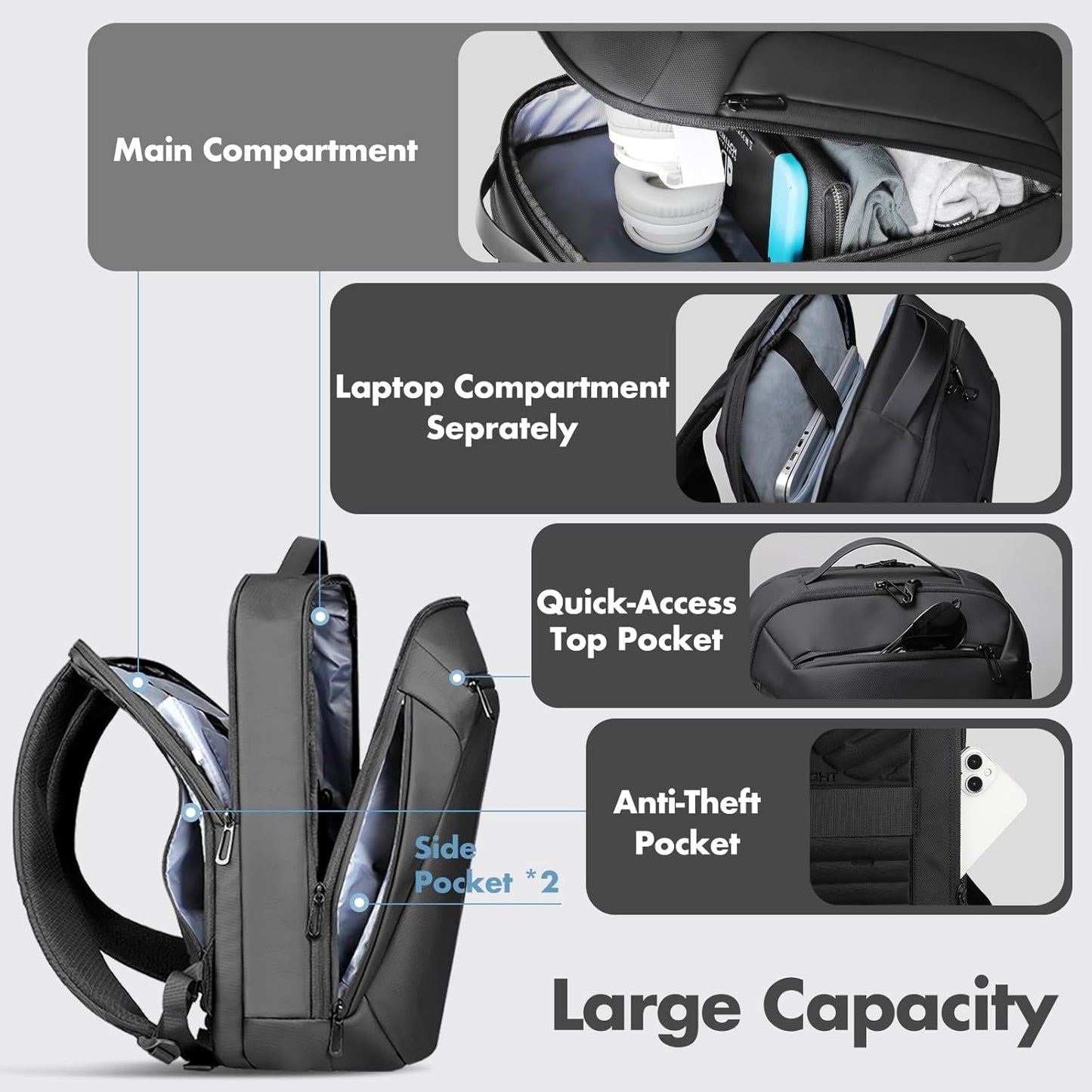 Laptop Backpack for Men,Slim Business Travel Backpack with USB Charging Port, Waterproof College Computer Office Work Bag Fits 15.6 Inch, Anti Theft High-Tech Casual Daypack Gift for Men Women, Black
