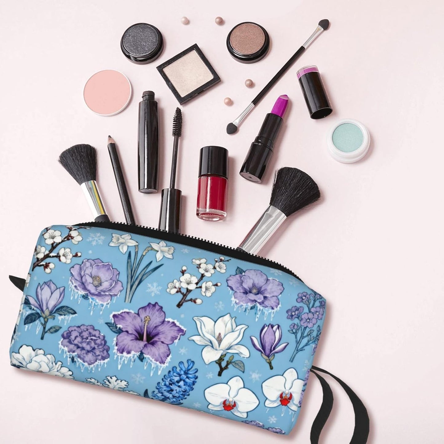 Frosted Winter Flowers Makeup Bag Organizer Compact & Durable Blue Floral Travel Cosmetic Bag Oxford Fabric Impact-Resistant Multi-Purpose Storage Perfect for Travel, Gym, Daily Use