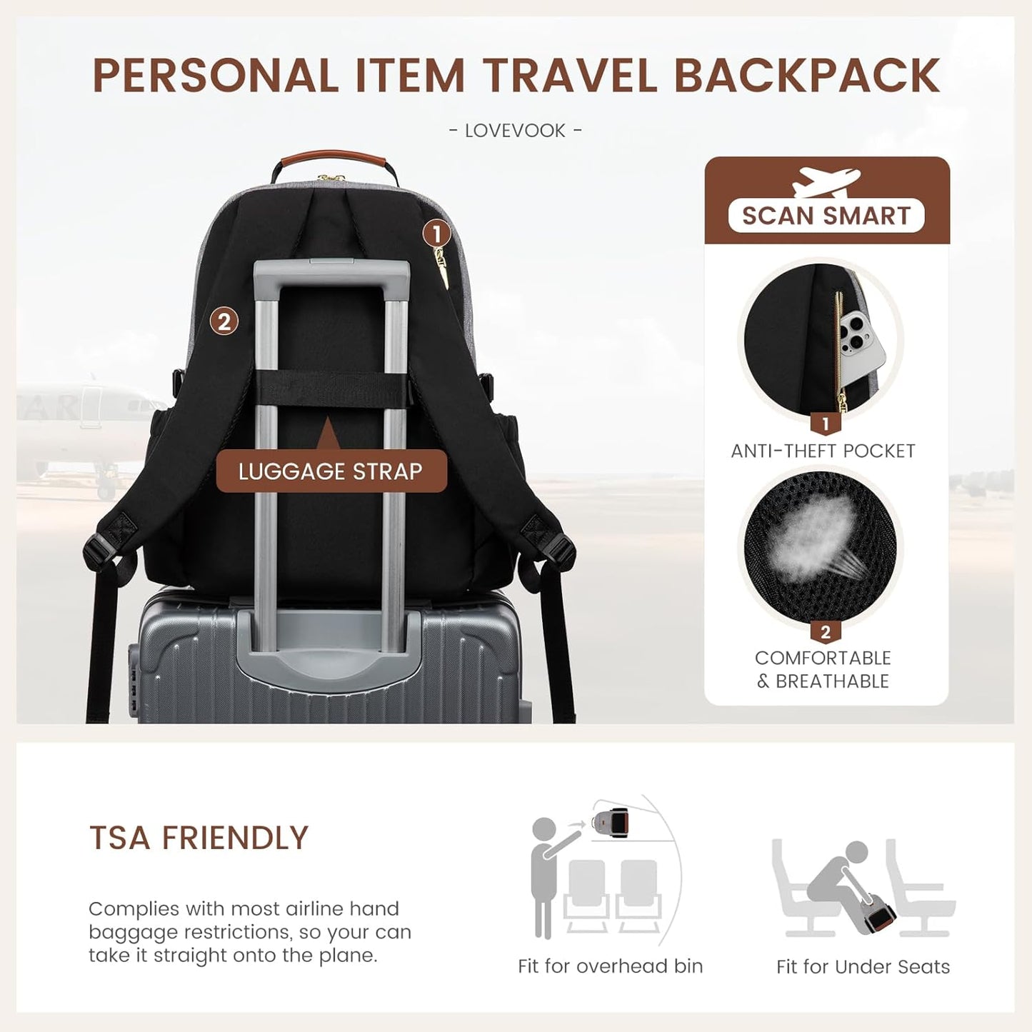 LOVEVOOK Laptop Backpack for Women with Pouch Pocket for Large Capacity Cup,18 Inch Teacher Nurse College Work Backpack Purse,Waterproof Laptop Bag Computer Back Pack for Travel, Grey-Black-Brown