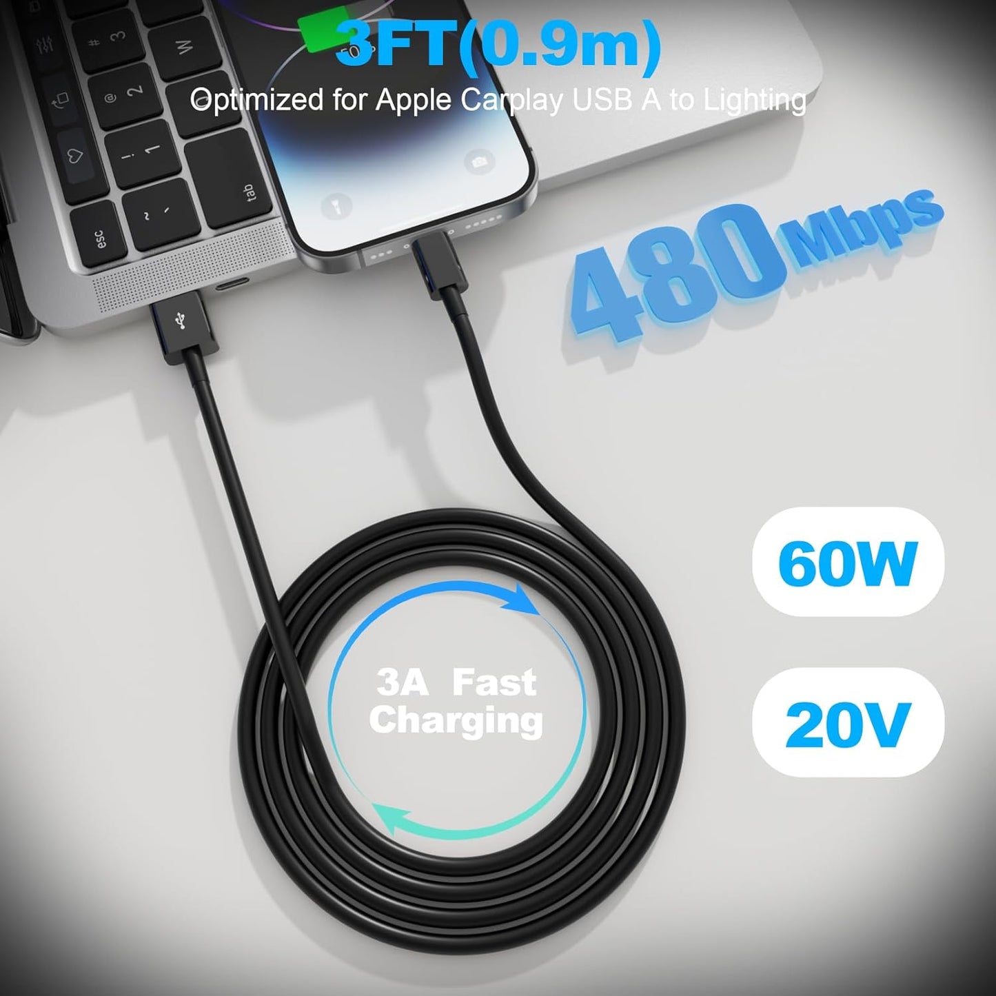 Car Carplay Cable, USB A to Lightning Cable 3FT Compatible with iPhone 14 13 12 11 Pro Max XR XS X Charger Cord,Car Charging Cord(Black)