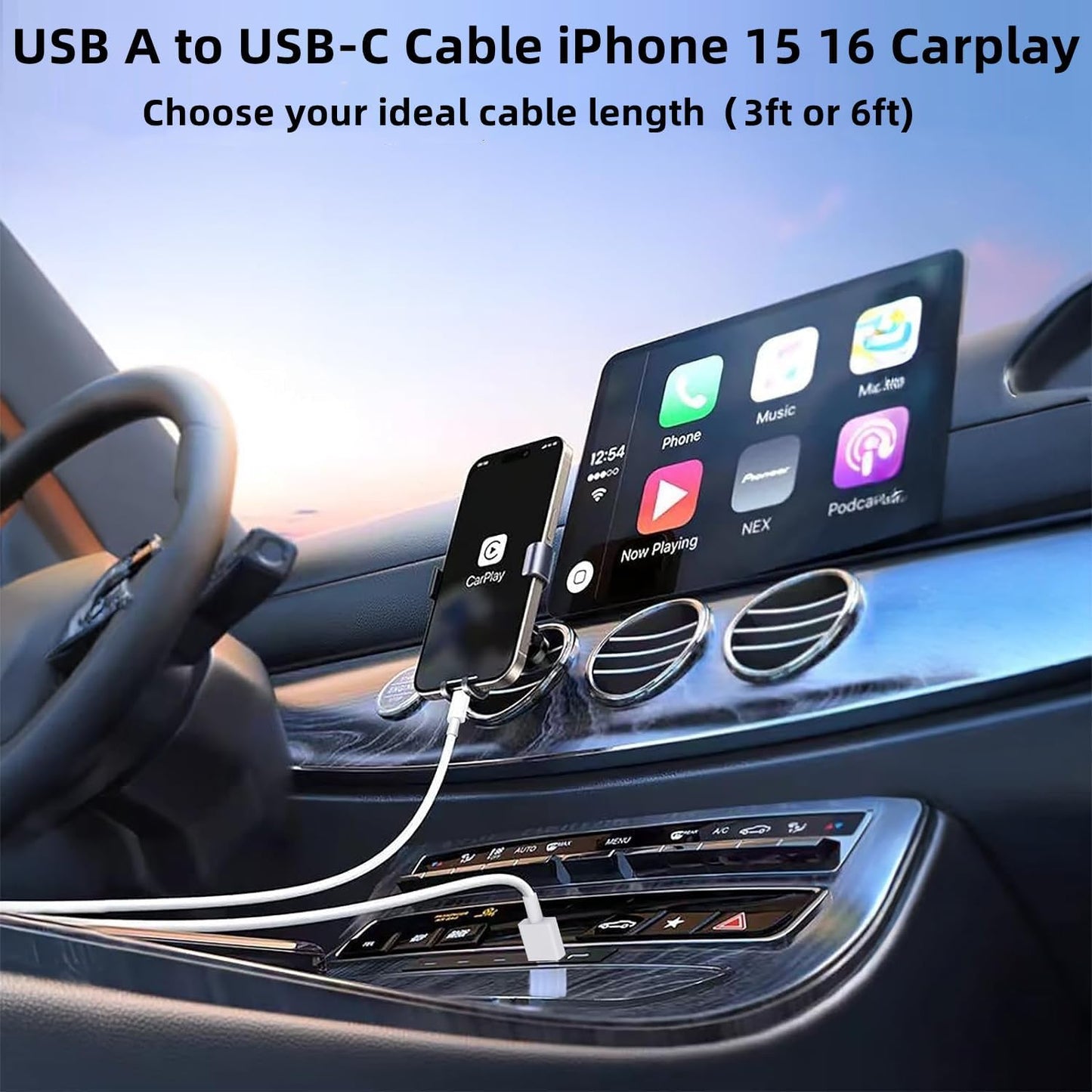 6ft Car Carplay Charger Cable for Apple iPhone 17 Pro Max/17 Air/16/16 Pro Max/15 Pro Max/15 Plus/15 Pro, USB A to USB C Car Play Cord for iPad 12.9 10th Gen 5th/4th Gen/Mini Type C Car Charging Cable