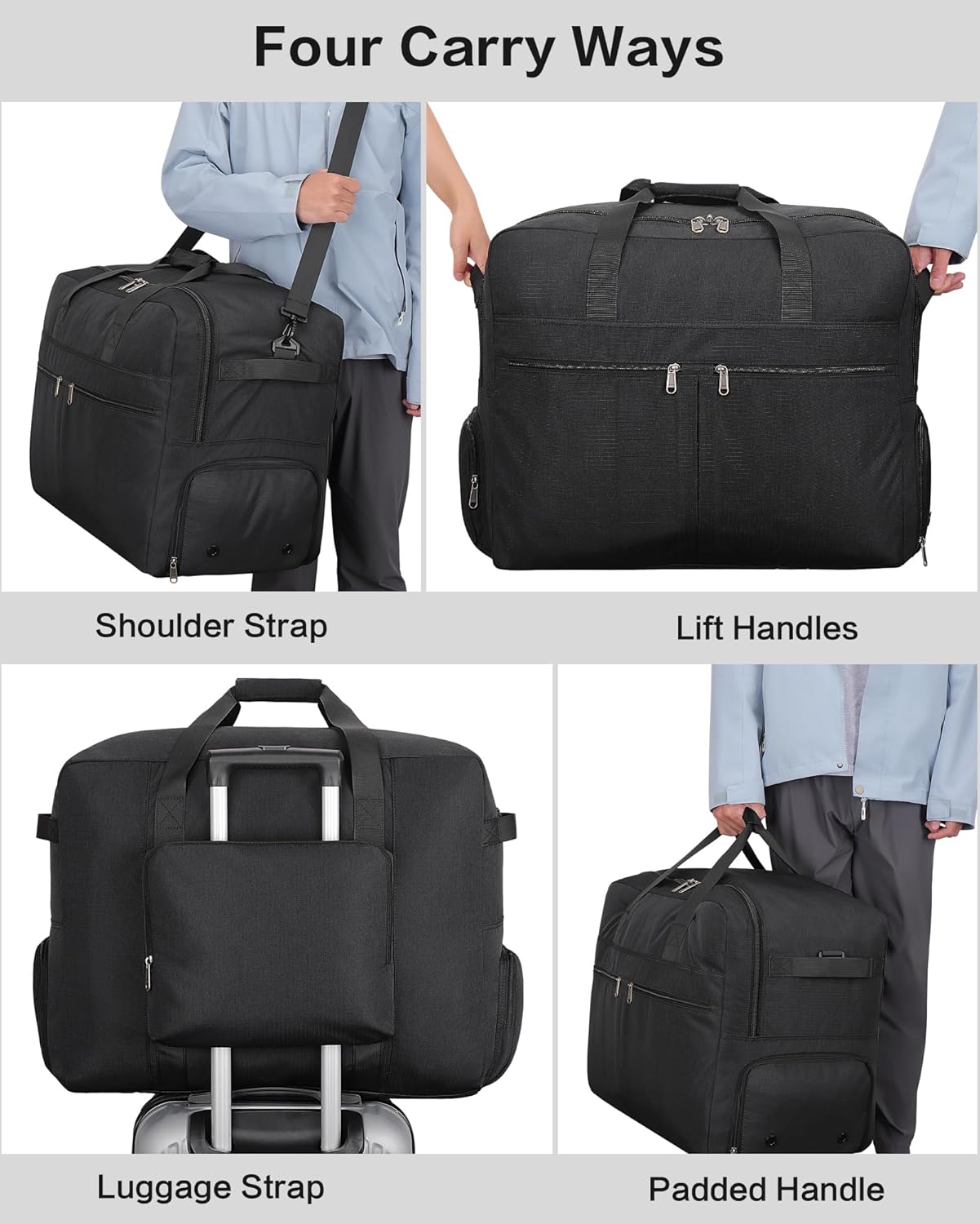 80L Foldable Large Travel Duffle Bag for Men and Women, Packable Duffel Bags with Shoe Compartment, Water Repellent & Tear Resistant (Black)