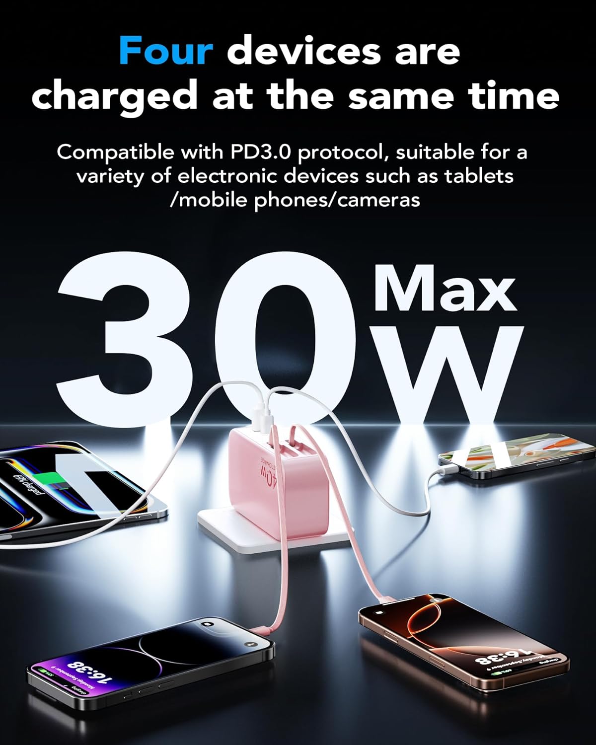 4-in-1 Retractable Gan Wall Charger Plug for iPhone 17 USB C,Travel Essentials Brick Multiport,3ft Lightening+ Type C Cables,40W Fast Charging Foldable Block for iPhone 17 Pro/16/15/14/13,iPad,Galaxy