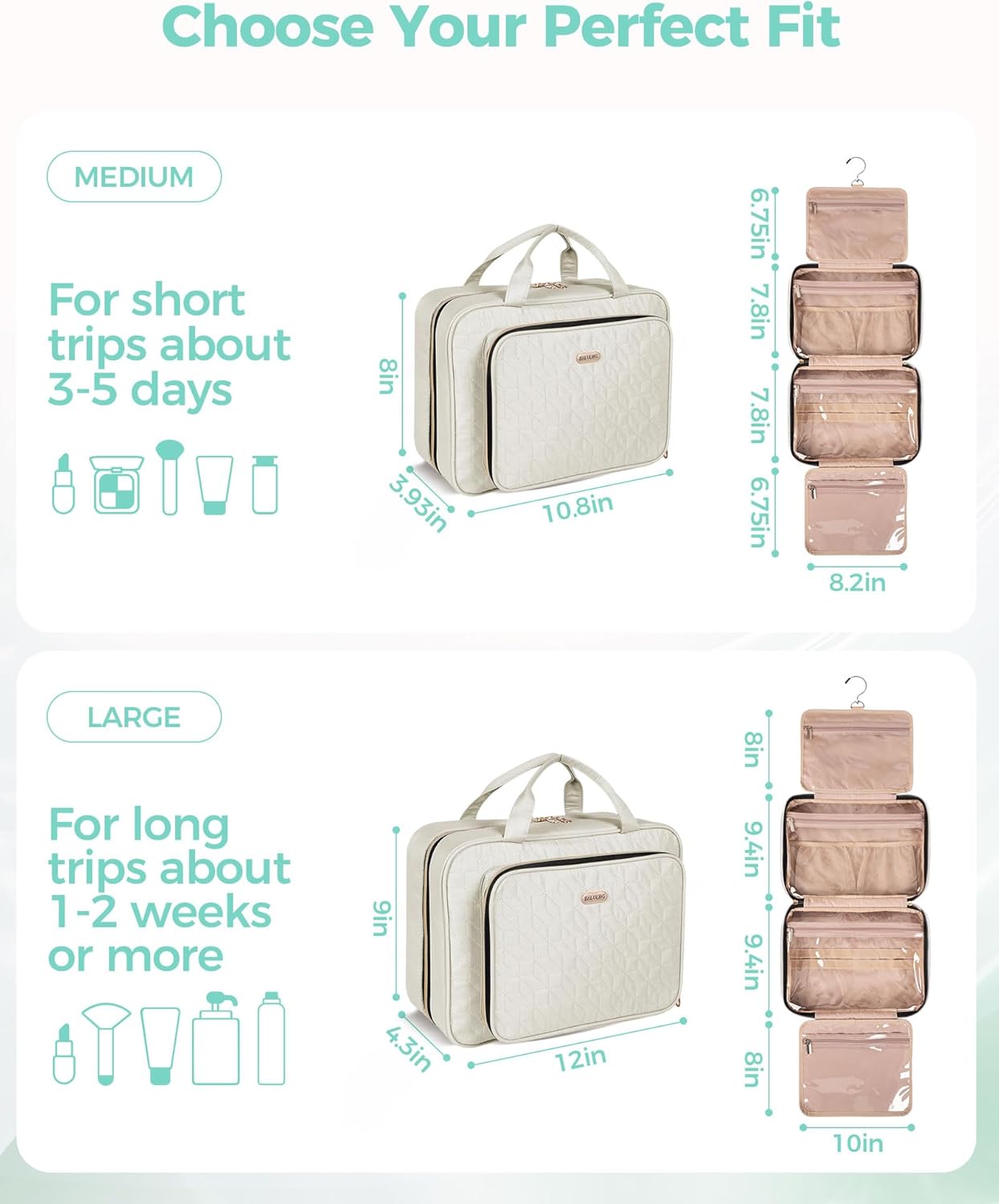 Travel Hanging Toiletry Bag for Women,Makeup Bag Cosmetic Organizer Waterproof with Hanging Hook Multiple Pockets for Women Travel Essentials Beige