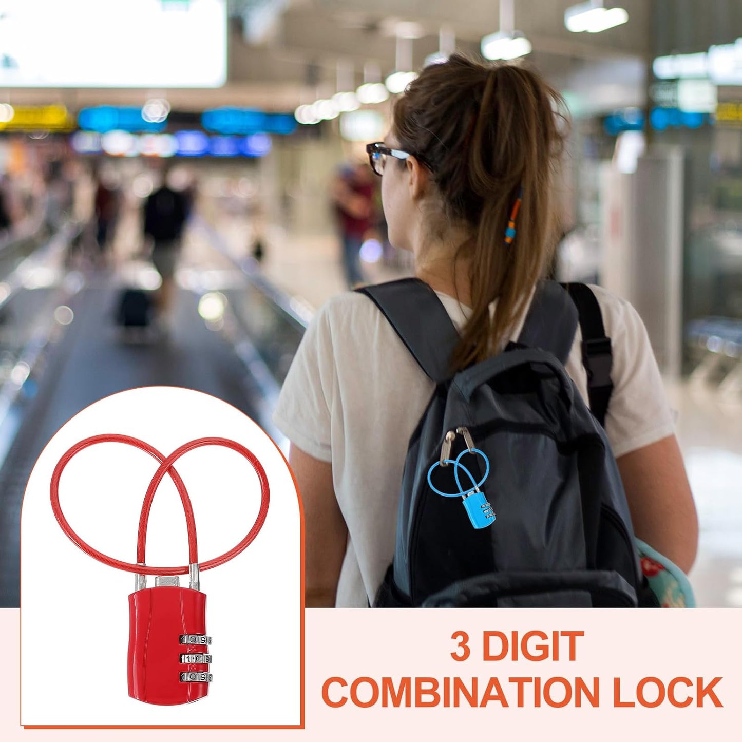 MECCANIXITY 2 Pcs Luggage Travel Lock, 3 Digit Cable Combination Lock 1-3/16" Width Body with 12" Long Cable for Suitcase Bag Cabinets Small Fences Gym, Red