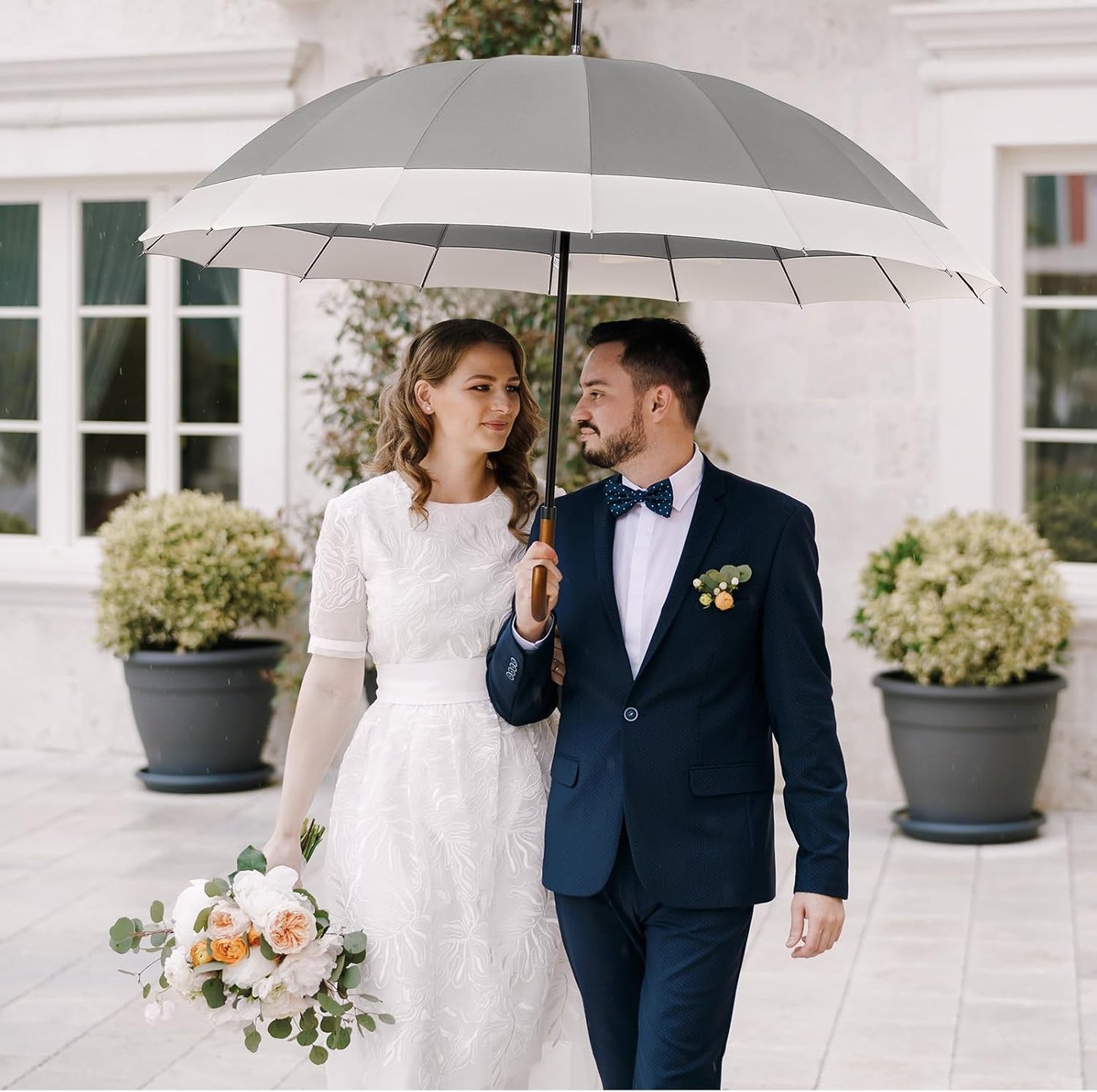G4Free 54 Inch Large Windproof Umbrella for 2 Persons, 16 Ribs Auto Open Classic Wooden J Handle Cane Stick Golf Rain Umbrellas for Men Women Travel 120cm
