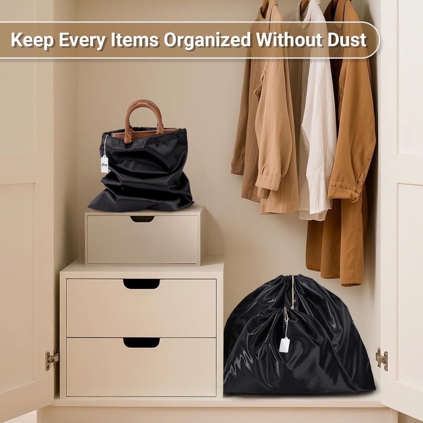 Ewen 7Pcs Dust Bags for Handbags, Silk Cloth Bag with Drawstring, 2Pack 11.8x15.7in Storage for Shoes, 2Pcs 19.6x15.7in Dust Bag, Pack of 3 23.6x19.6in Bags for Purse, Black Satin Travel Storage Pouch