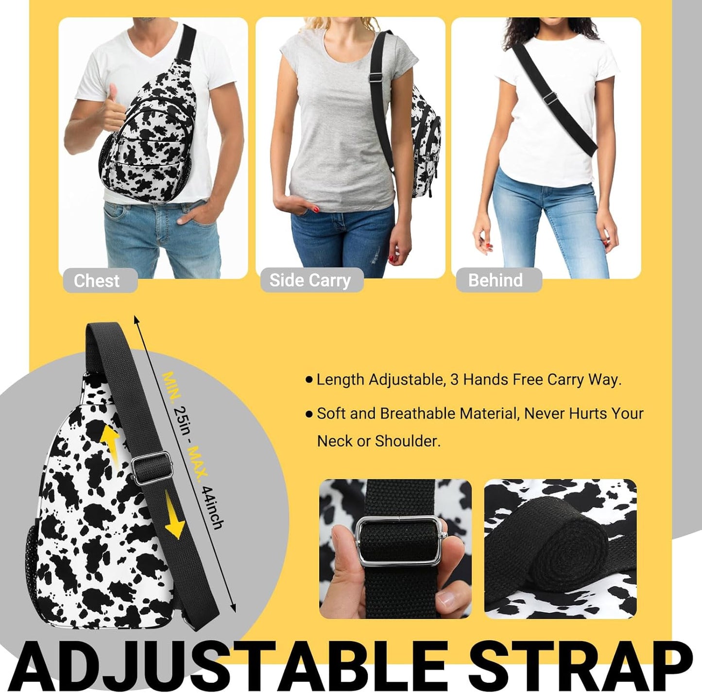 Crossbody Bags for Women, Sling Bag for Men, Small Hiking Backpack Anti Theft Lightweight for Outdoors Travel (L, Cow Print)