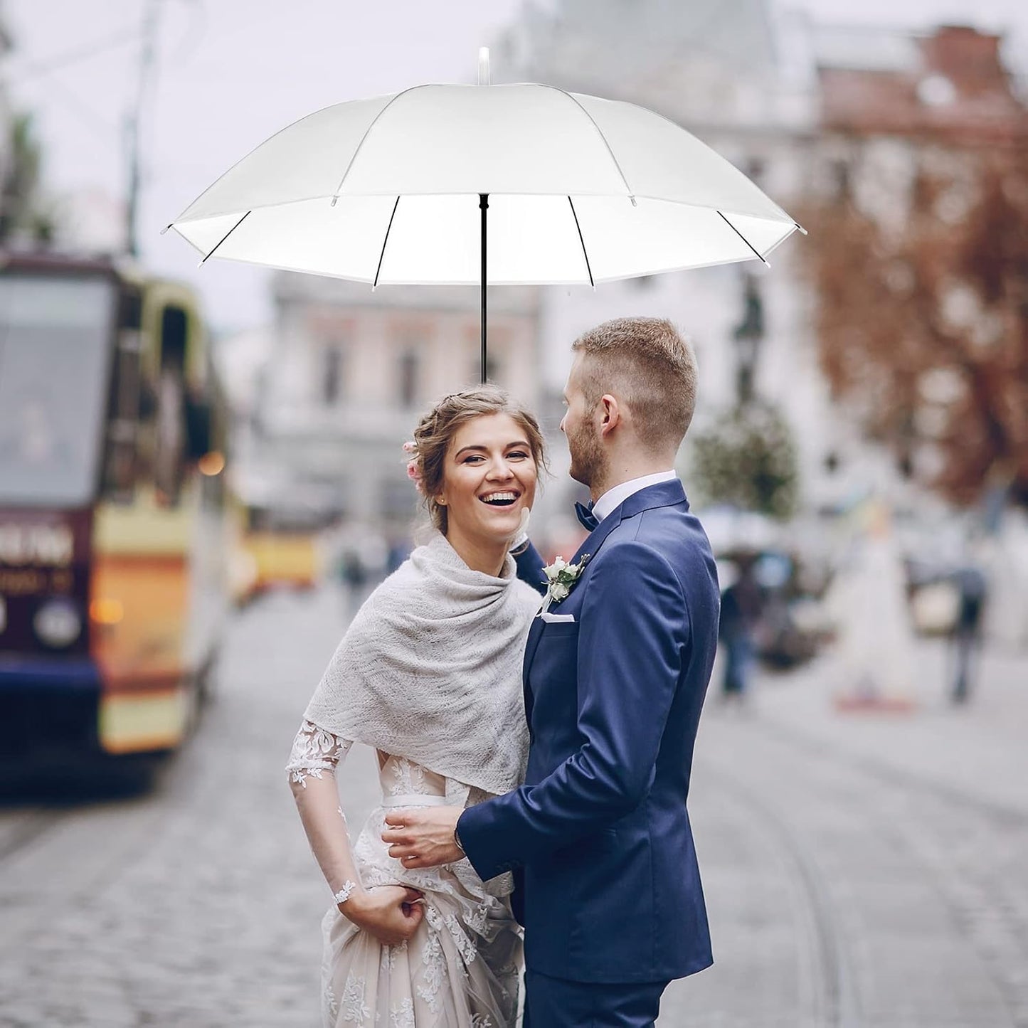 Reginary 30 Pieces Wedding Umbrellas Bulk Auto Open Stick Umbrellas with White European J Hook Handle Windproof Large Canopy Umbrella for Outdoor Wedding Bride Groom Photography Golf