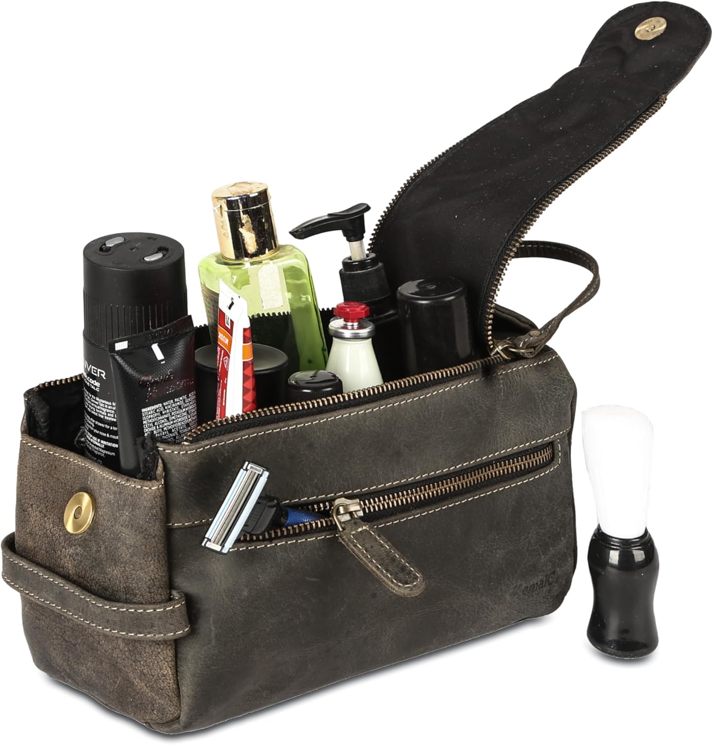 KomalC Premium Buffalo Leather Toiletry Bag for Men & Women – Leather Dopp Kit With Water resistant Lining, Premium Toiletry Travel Pouch, Unisex Wash Bag for Toiletries, Gifts for Men and Women