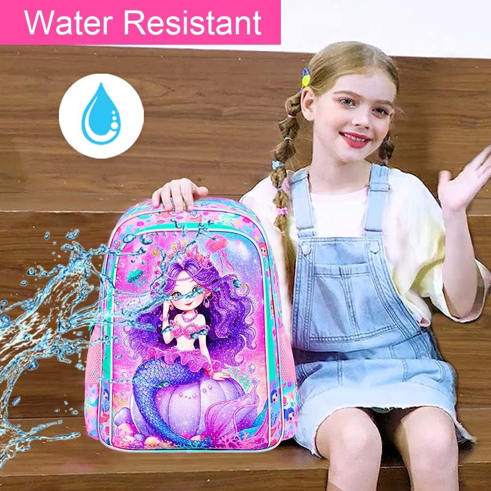 3PCS Mermaid Backpack for Girls, Water Resistant Kids Bookbag Set with Lunch Box,Cute Elementary School Bag for Preschool Toddler