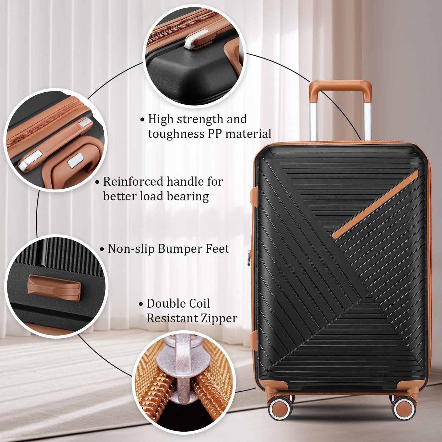 Campfun Luggage 4 Piece Sets, Expandable Carry On Luggage Set Hardshell PP, Suitcase Set with Double Spinner Wheels, Checked Durable Lightweight with TSA Lock, 14in 20in 24in 28in-Black Brown(B)