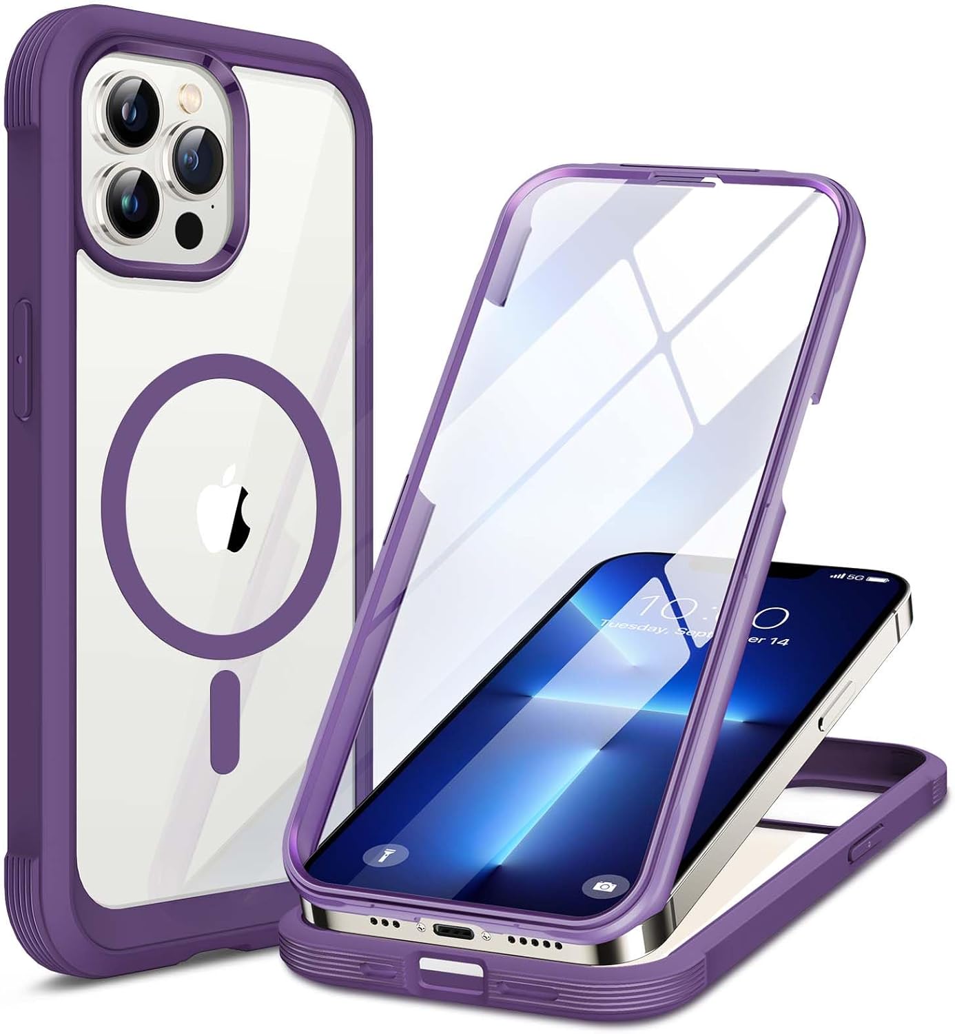 Miracase Magnetic for iPhone 13 Pro Max Case 6.7 inch, (Compatible with MagSafe) Upgrade Full-Body Clear Phone Bumper Case with Built-in 9H Tempered Glass Screen Protector, Magnetic Purple