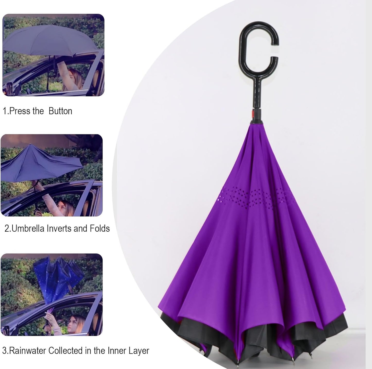 SIEPASA 49/56 Inch Inverted Reverse Upside Down Umbrella, Extra Large Double Canopy Vented Windproof Waterproof Stick Golf Umbrellas with C-shape Handle.