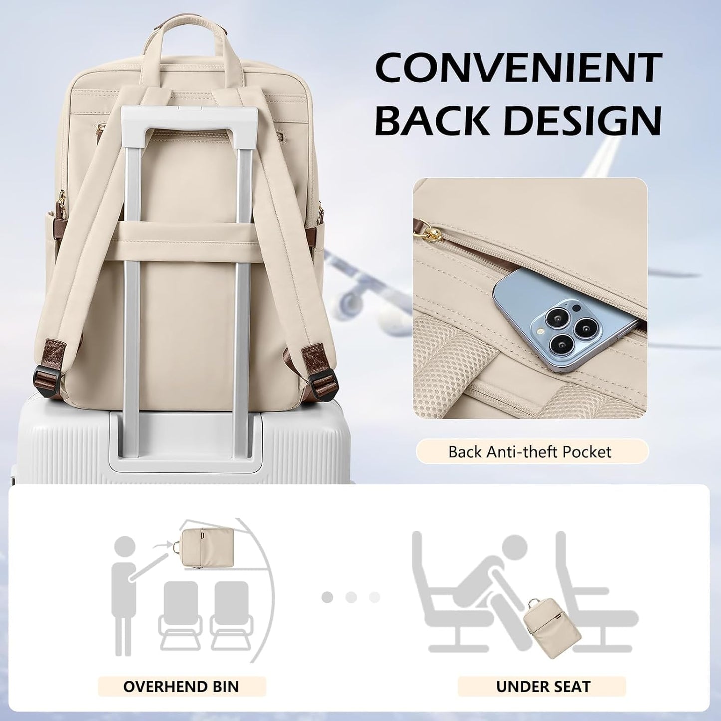 Slim Laptop Backpack for Women, Lightweight Business Backpack for Women Computer Bag Purse for Commuting, Fit 14Inch, Apricot